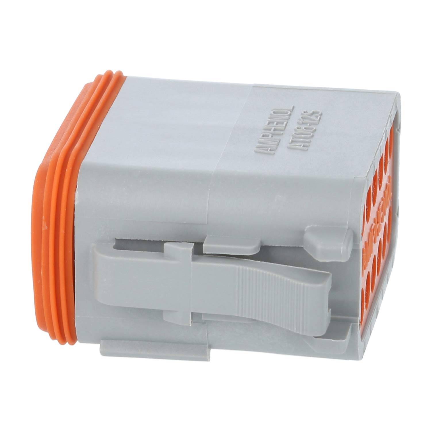 Ein grauer und orangefarbener elektrischer Anschlusskomponent mit mehreren Steckplätzen für Verkabelung.