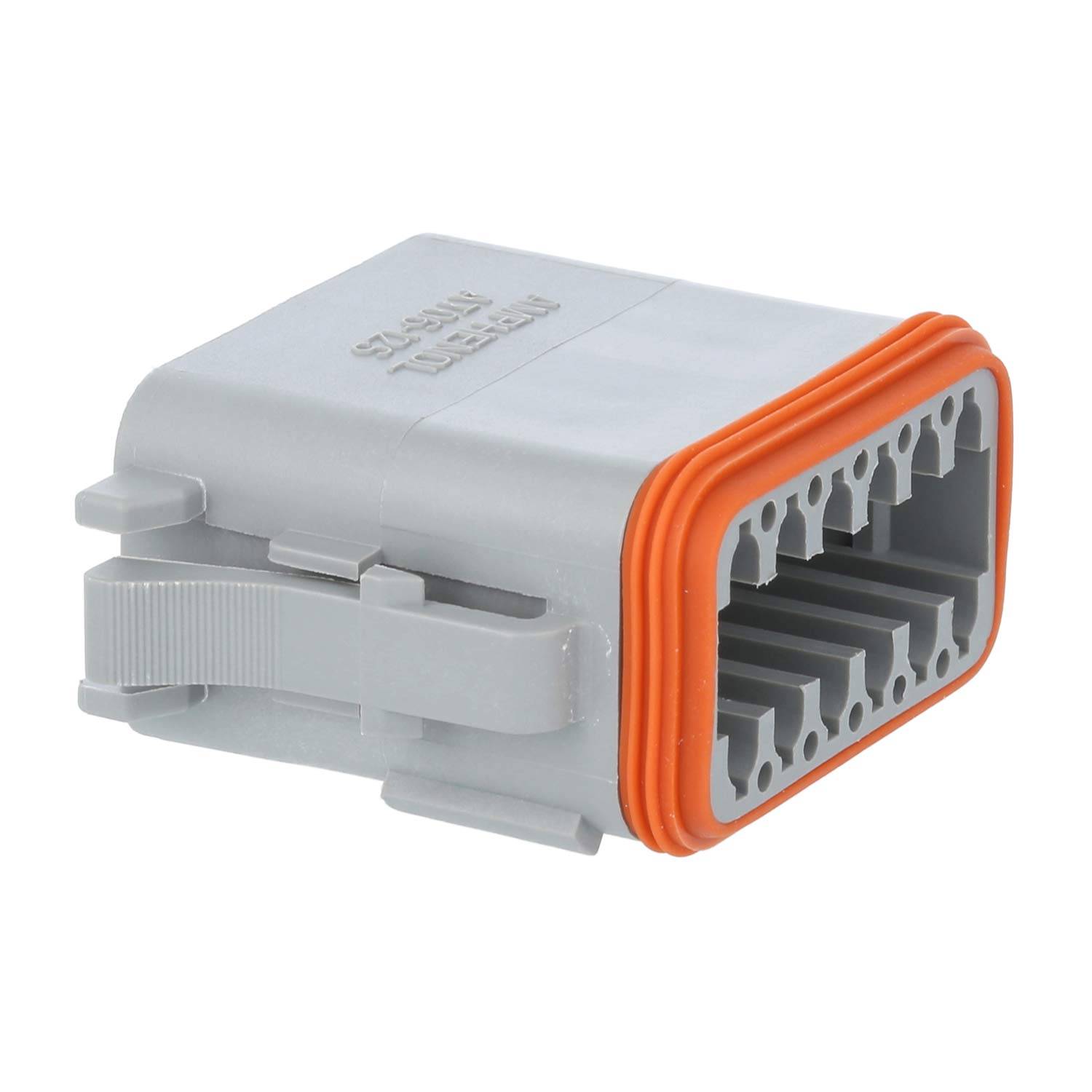 Ein grauer elektrischer Verbinder mit 12 Anschlüssen und einem orangefarbenen Dichtungsring, der zum Sichern von Drahtverbindungen konzipiert ist und höchstwahrscheinlich in automotive Anwendungen verwendet wird.