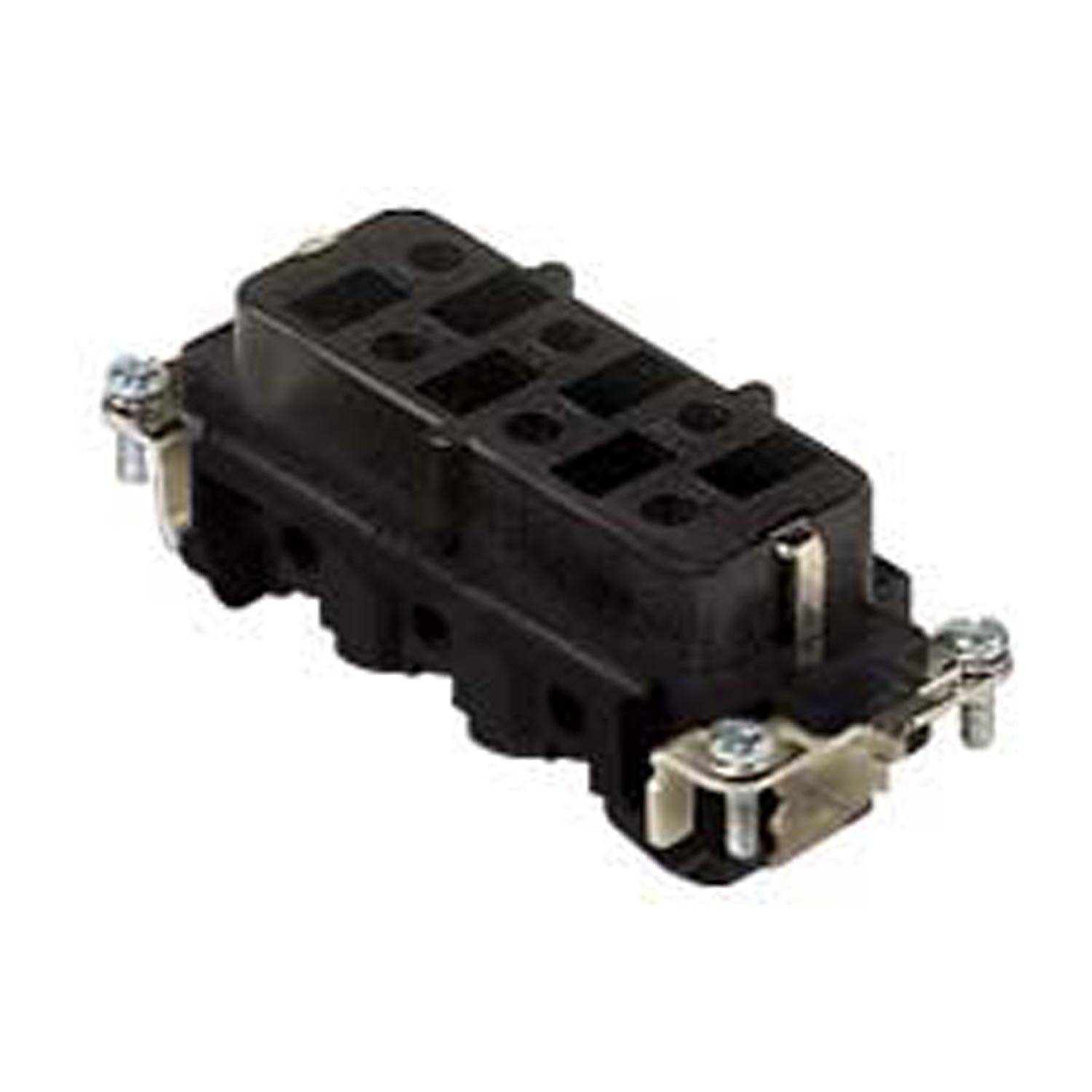 Ein schwarzer elektrischer Anschluss mit mehreren Schlitzen, Metallclips und Schrauben an den Seiten, der für die Herstellung von Verbindungen in Verdrahtungssystemen verwendet wird.