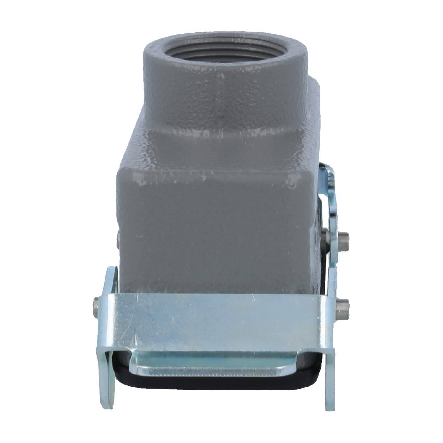 Graues rechteckiges Metallverbindungsgehäuse mit einer gewindeten Öffnung an der Oberseite und einer Metallklemme an der Basis für eine sichere Befestigung.