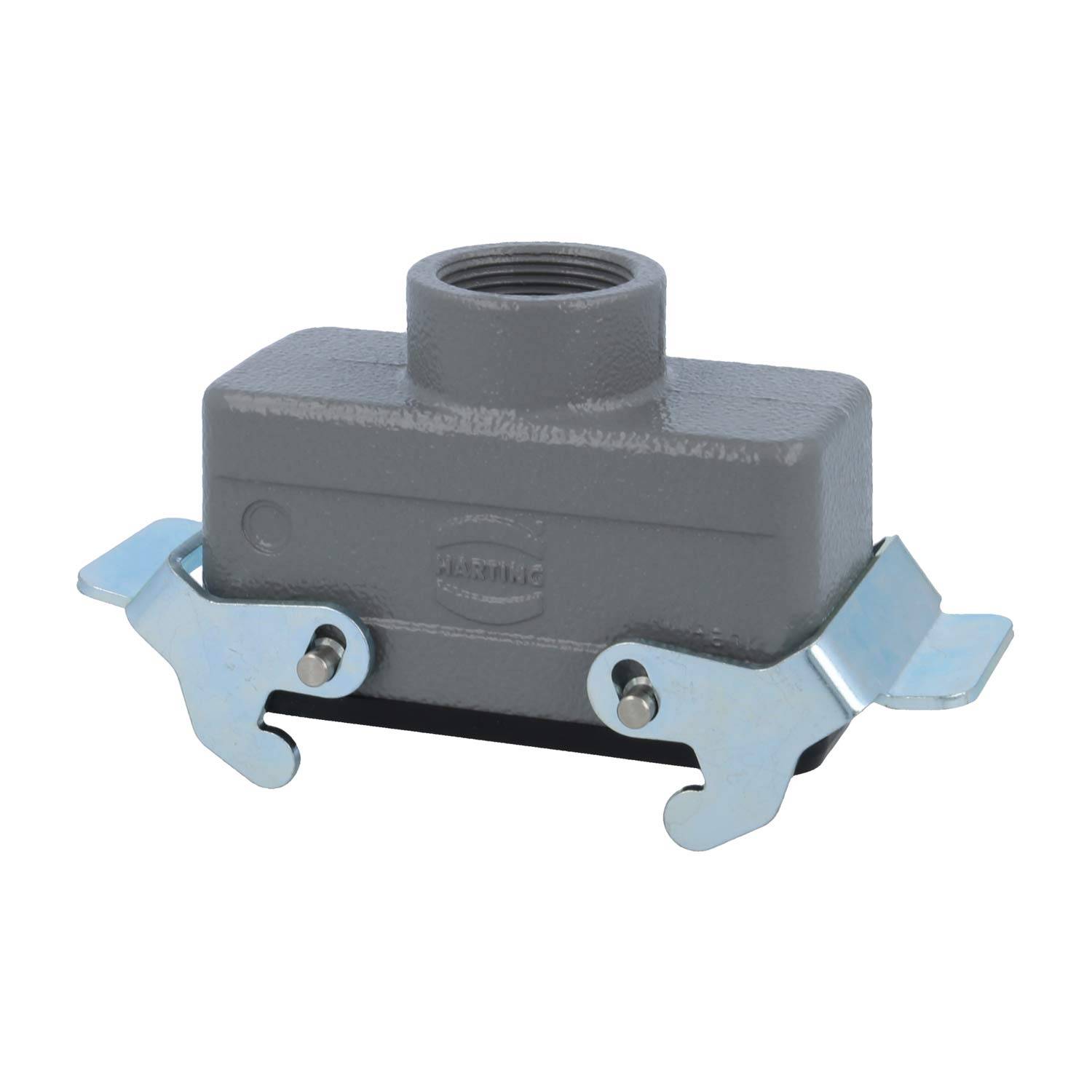 Graue Elektroverteilerdose mit zwei Metallklemmen an beiden Seiten, konzipiert für eine sichere Befestigung auf Oberflächen.