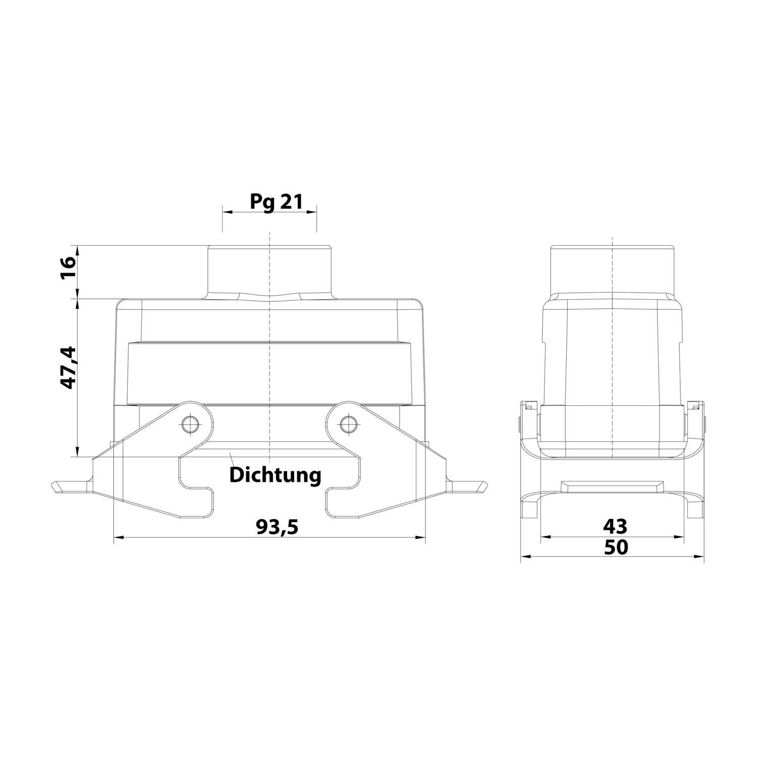 Technische Zeichnung einer Komponente mit Abmessungen: Höhe 47,4 mm, Breite 93,5 mm. Seiten beschriftet mit 16 mm, Pg 21, 43 mm und 50 mm.