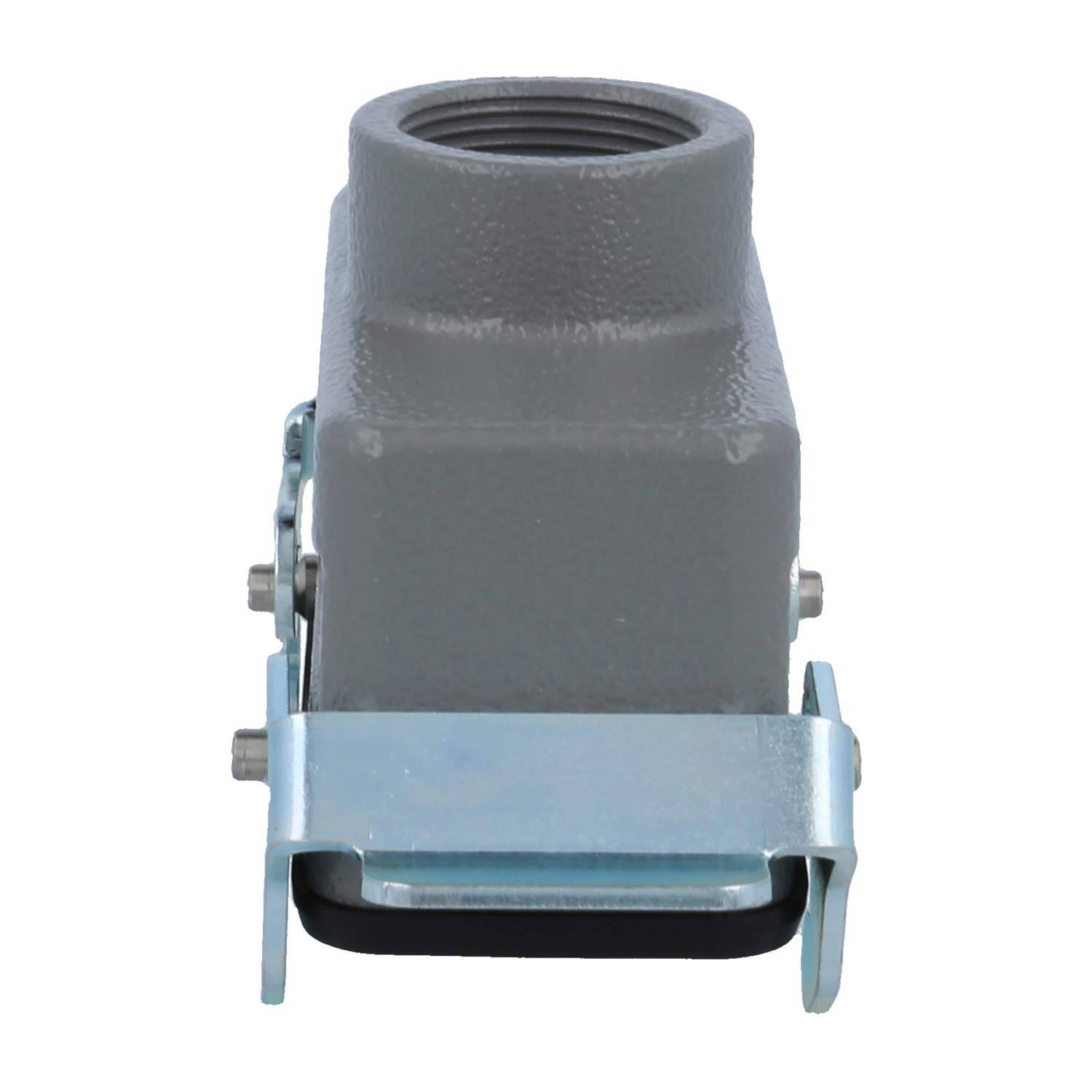 Ein grau-industrielles elektrisches Anschlussgehäuse mit einer metallischen Verriegelung, das zum Schutz und zur Sicherung von Kabelverbindungen verwendet wird.