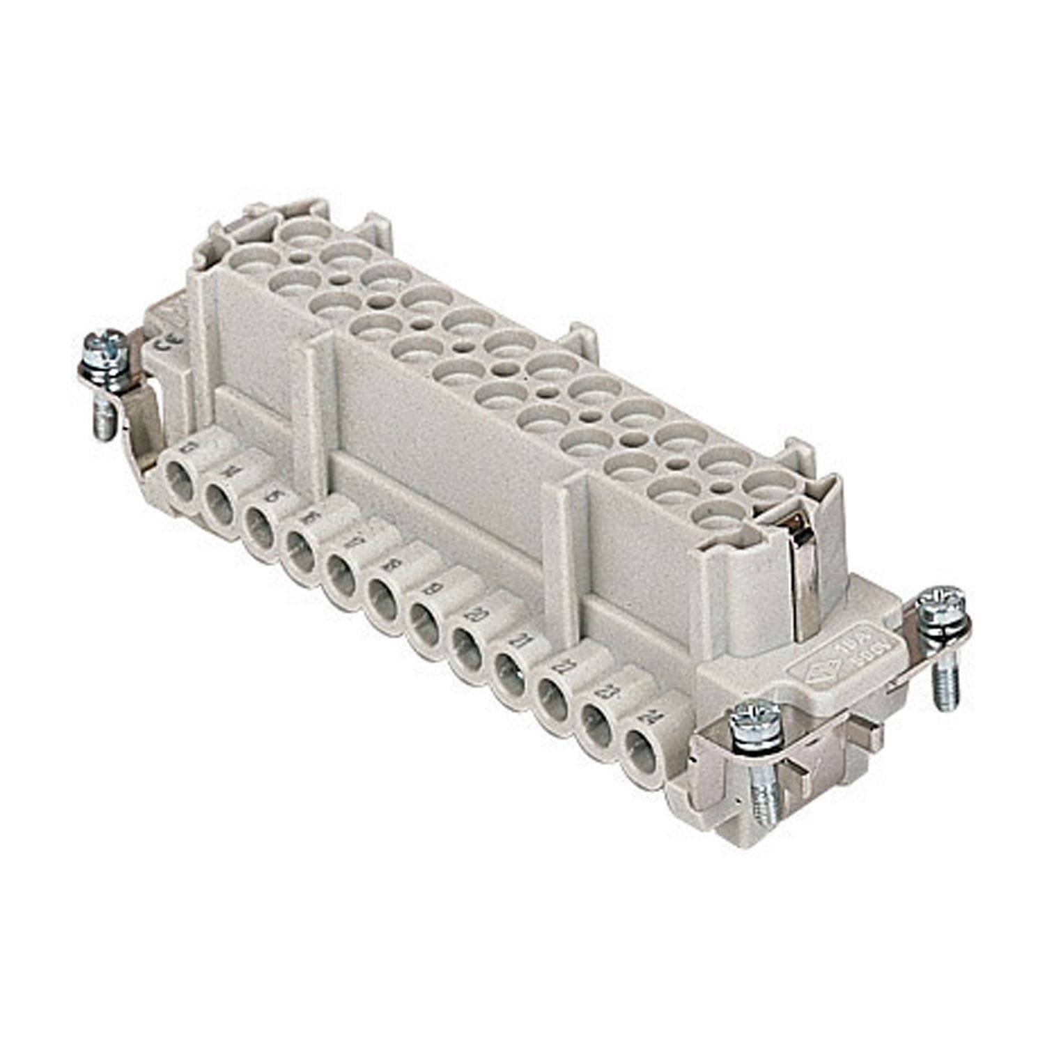 Ein rechteckiger elektrischer Anschluss mit mehreren Steckplätzen, konzipiert für sichere Verkabelung und Konnektivität, hauptsächlich verwendet in industriellen Anwendungen.