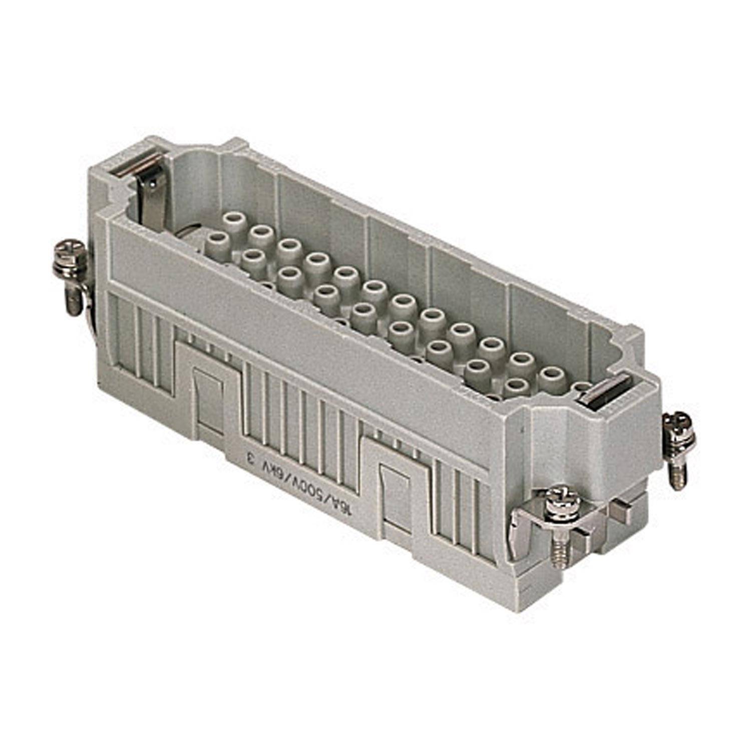 Ein 20-poliger Industrieverbinder mit einem rechteckigen, grauen Gehäuse, der mehrere Anschlusspunkte und seitliche Verriegelungen für eine sichere Installation aufweist.