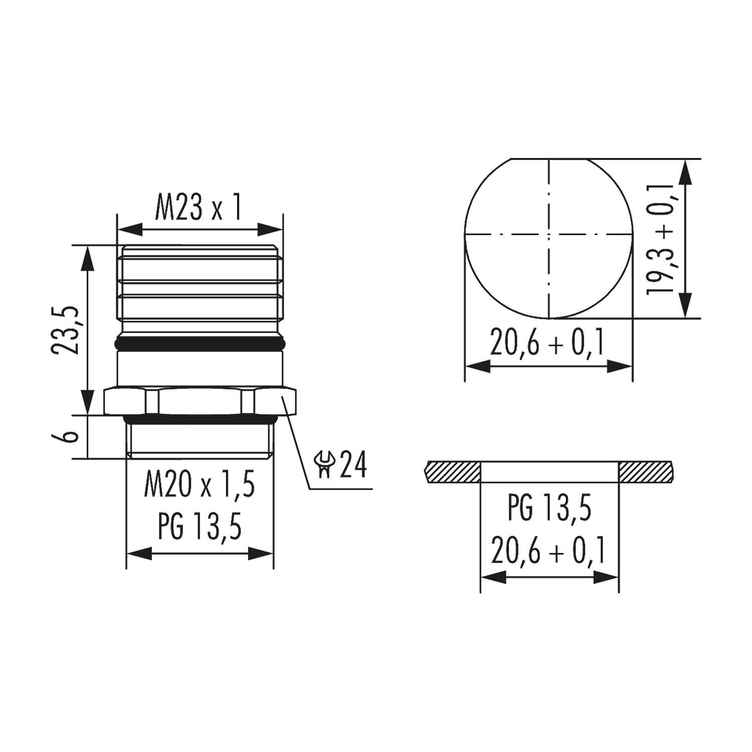Technische Zeichnung zur Darstellung der Abmessungen einer zylindrischen Komponente: Draufsicht und Seitenansicht. Maße umfassen M23 x 1, 20,6 und 23,5 mm.