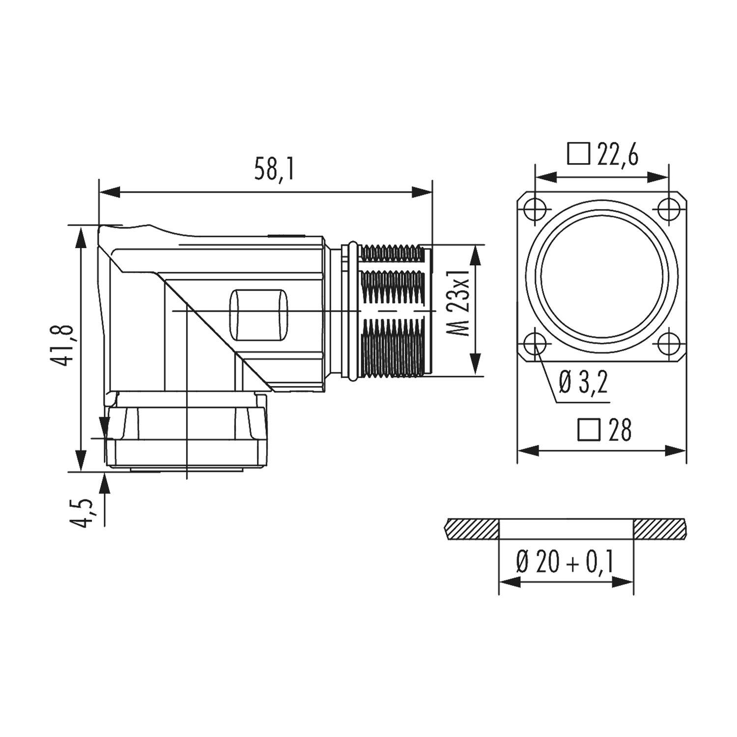 Technische Zeichnung einer Sanitärarmatur mit Maßangaben. Seitenansicht: 58,1 mm Länge, 41,8 mm Höhe. Frontansicht: Innendurchmesser 23 mm, Außendurchmesser 28 mm.