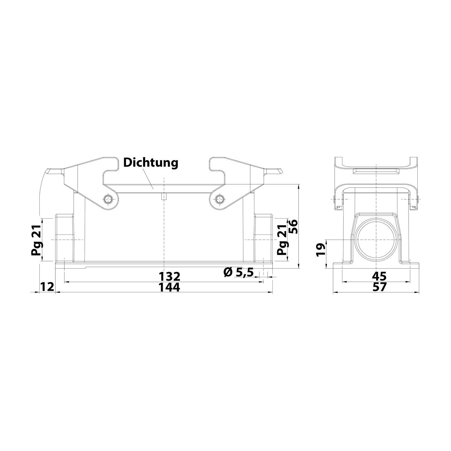 04300241270 HARTING Han 24B Sockelgehäuse niedrig, 2xPG21 seitlicher Kabelabgang, mit 2 Querbügeln Verschraubung PG21