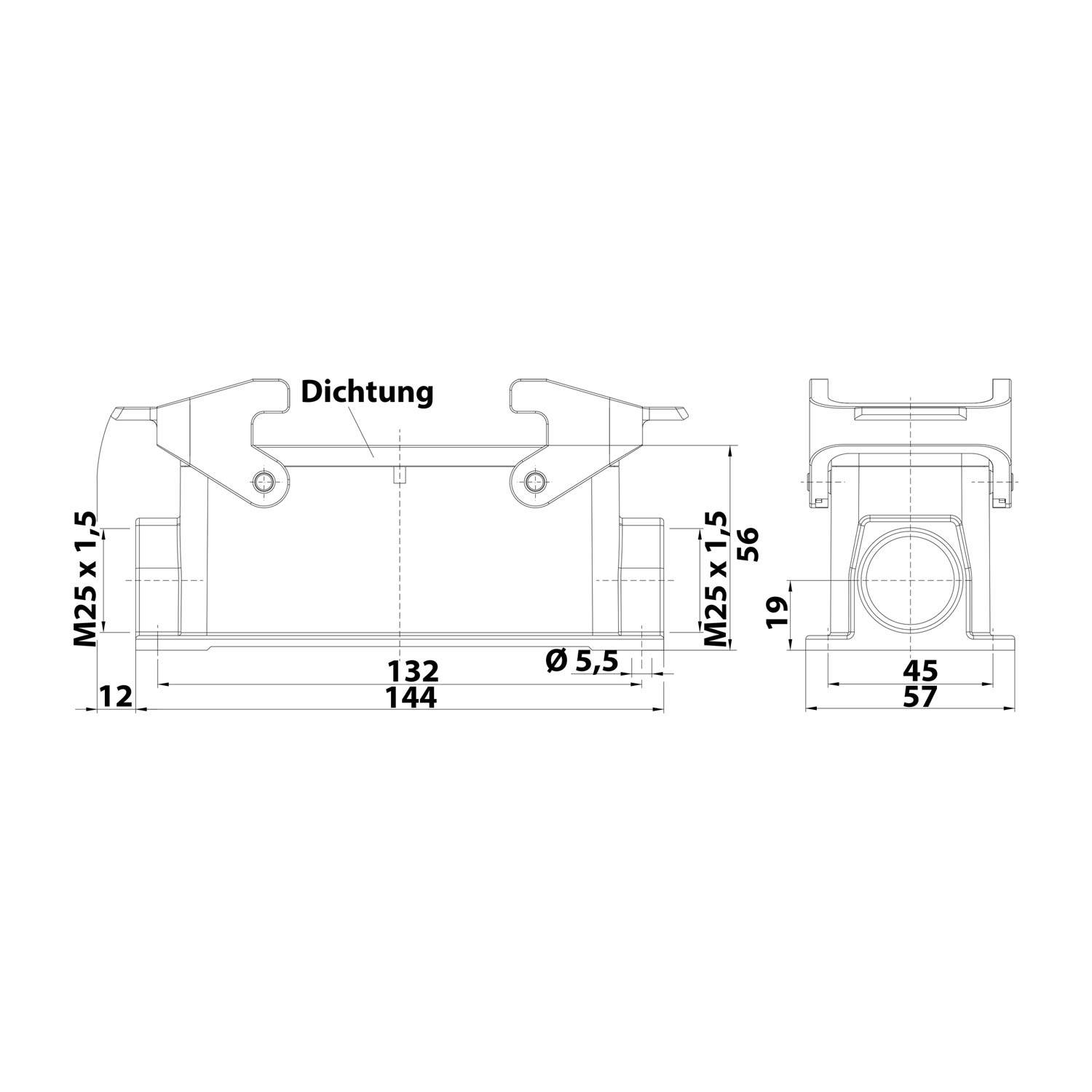 04300241268 HARTING Han 24B Sockelgehäuse niedrig, 2xM25 seitlicher Kabelabgang, mit 2 Querbügeln Verschraubung M25