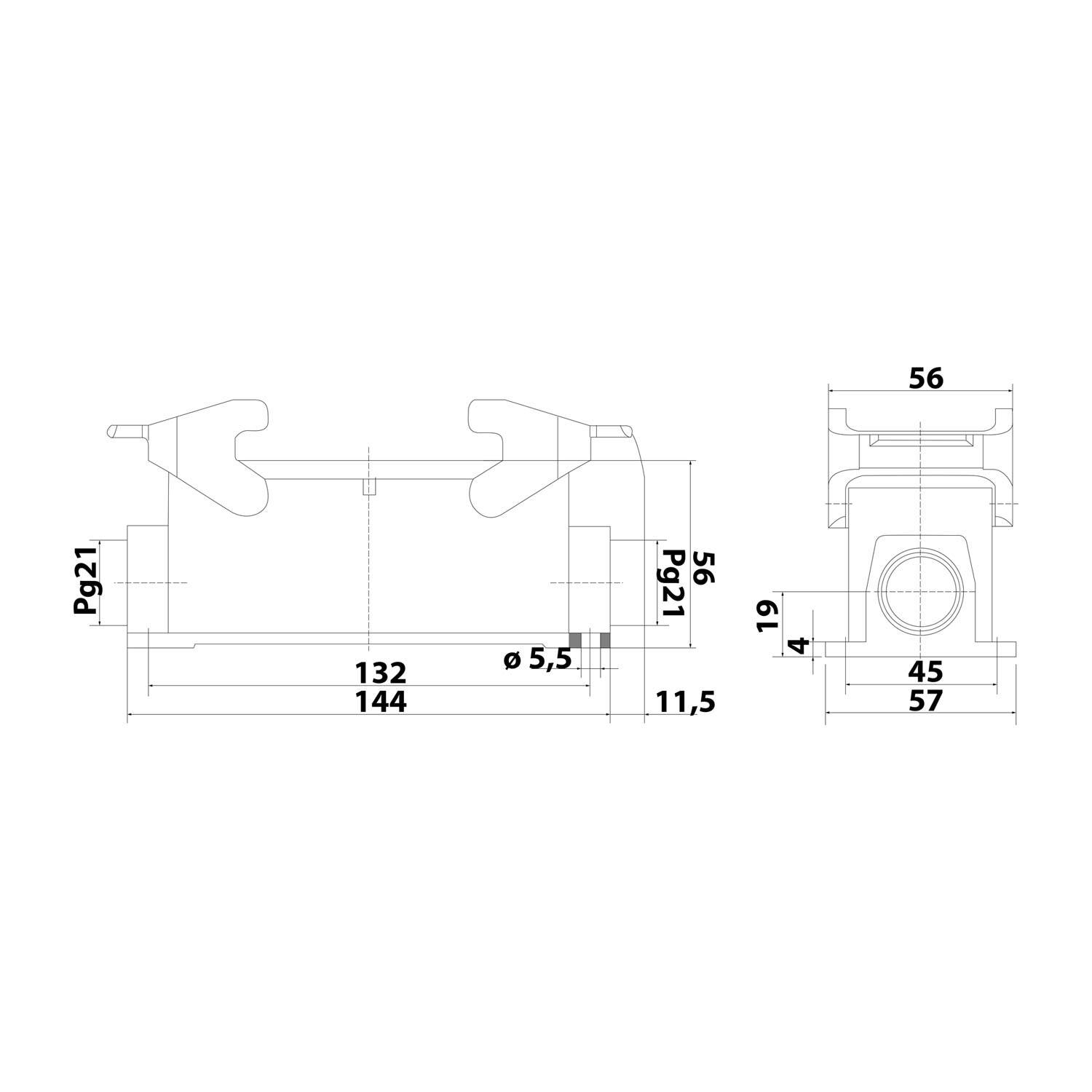 04300241233 HARTING Han 24B für 2 Einsätze Sockelgehäuse niedrig, 1xPG21 seitlicher Kabelabgang, mit 2 Querbügeln