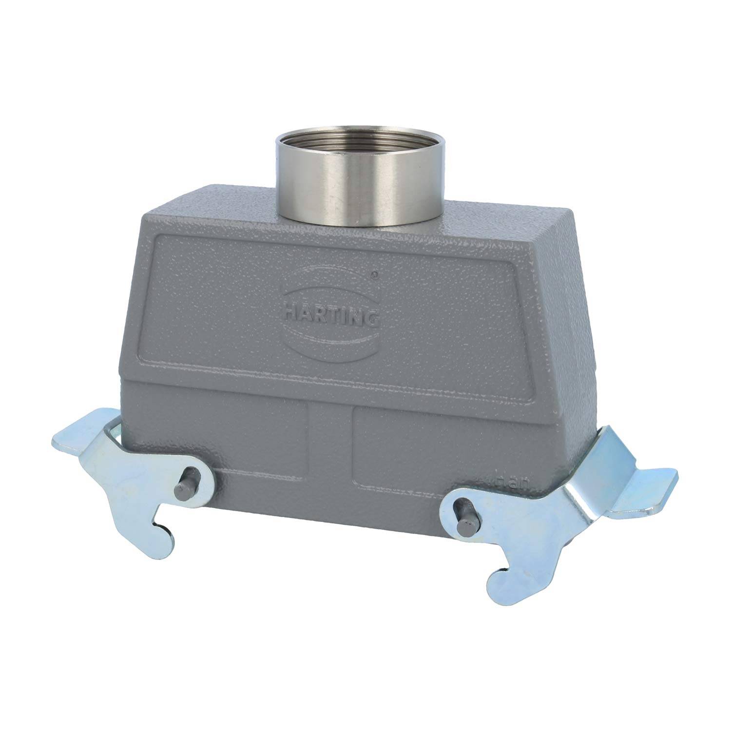 Industrielle Anschlussgehäuse mit Metallhalterungen, geprägtem Logo und zylindrischer Oberöffnung, konstruiert für eine sichere Verbindung.