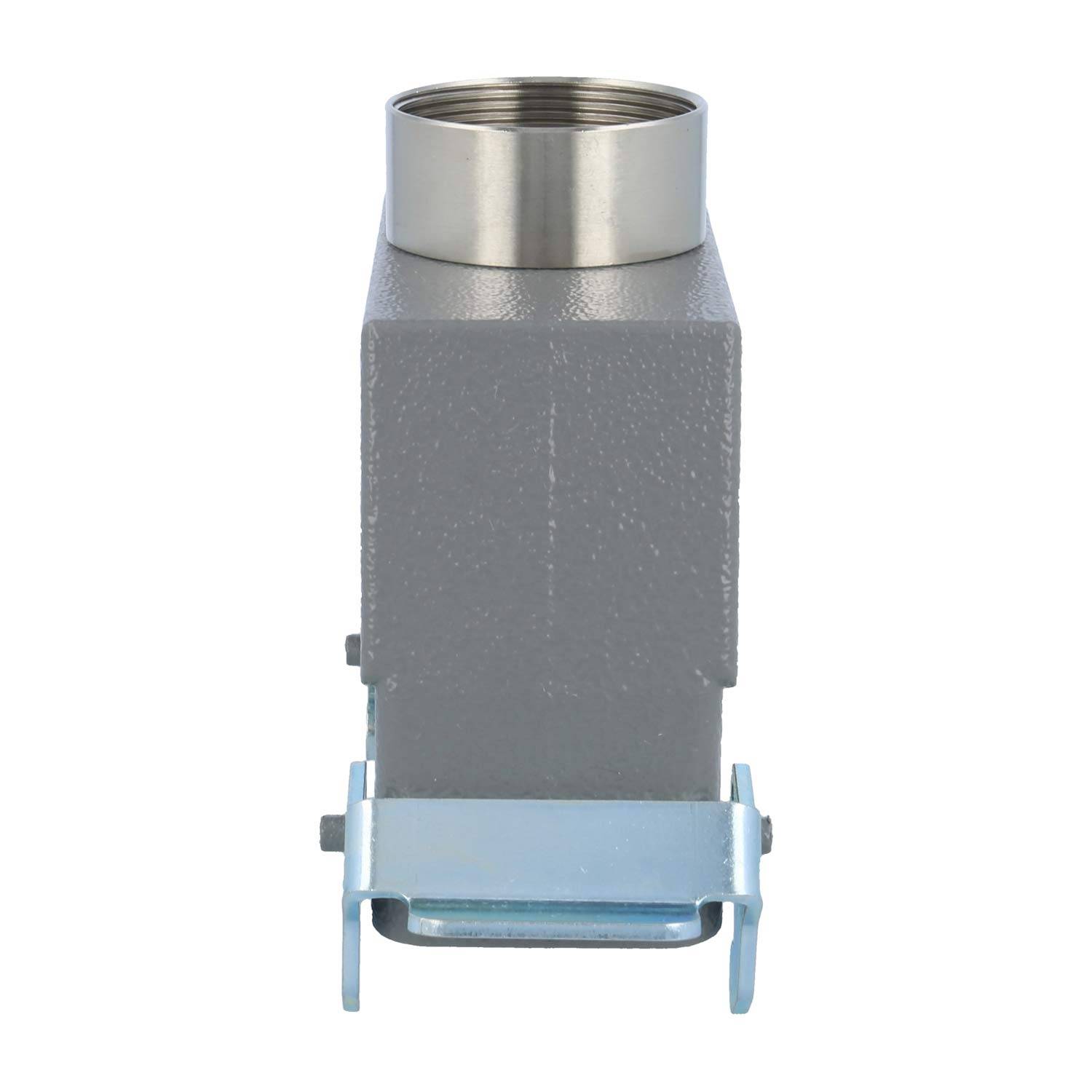 Ein graues, rechteckiges industrielles Anschlussgehäuse mit einem metallfarbenen Gewindelement oben und einer Klemmvorrichtung am Boden zur Sicherung von Verbindungen.