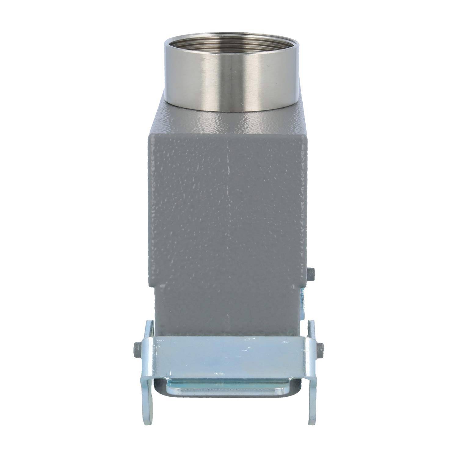 Industrielles Metallverbindergehäuse, rechteckig mit einer gewindeten Öffnung an der Oberseite und seitlichen Verriegelungen, verwendet für sichere elektrische Verbindungen.