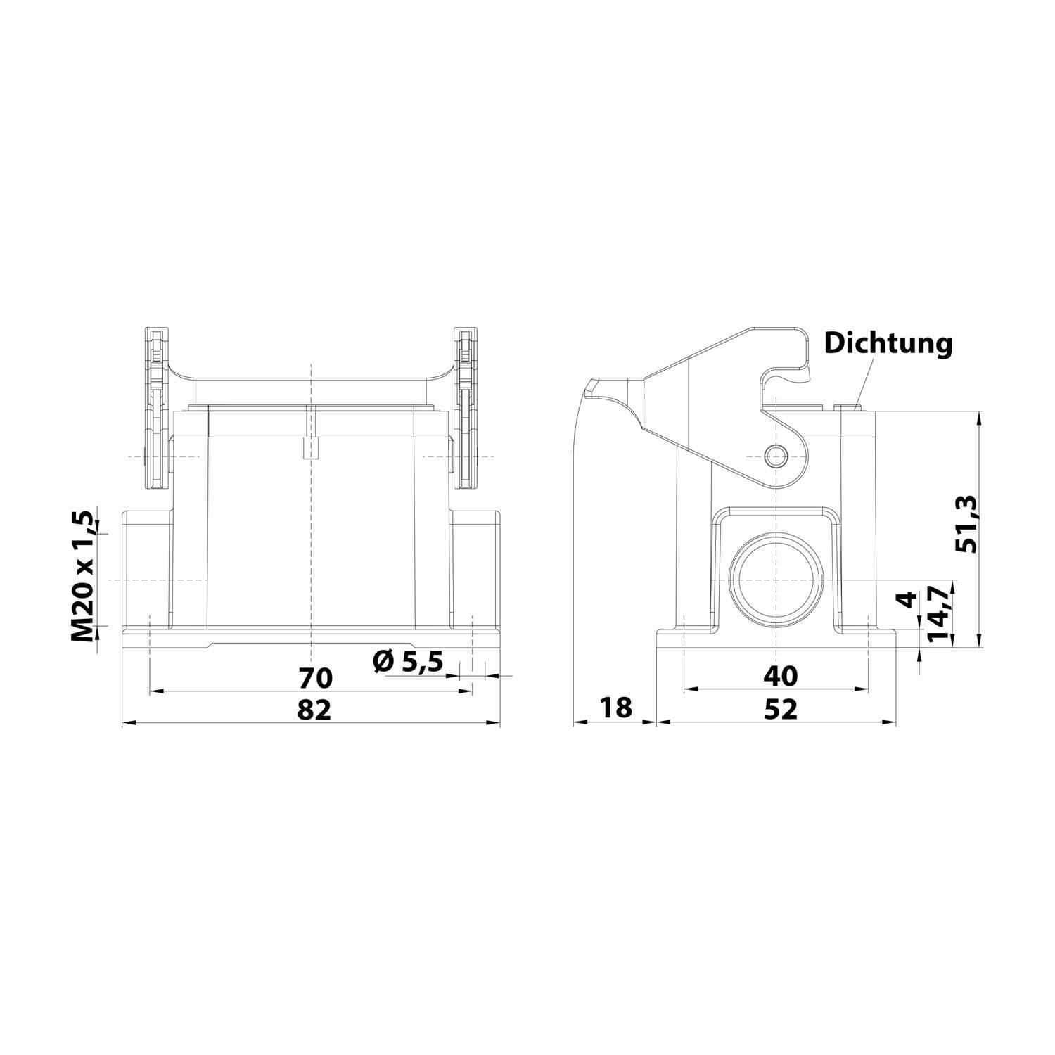 Technische Zeichnung eines mechanischen Bauteils mit beschrifteten Abmessungen. Merkmale umfassen einen Hauptkörper, Bolzenloch und den Bereich mit der Beschriftung 'Dichtung'.