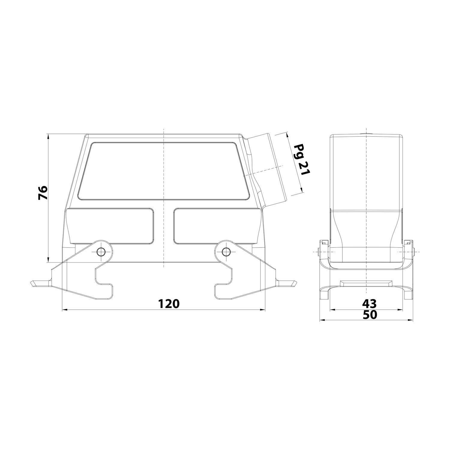 Technische Zeichnung eines mechanischen Bauteils, die Front- und Seitenansicht mit Abmessungen zeigt: Höhe 76, Breite 120 und Tiefe 43/50.