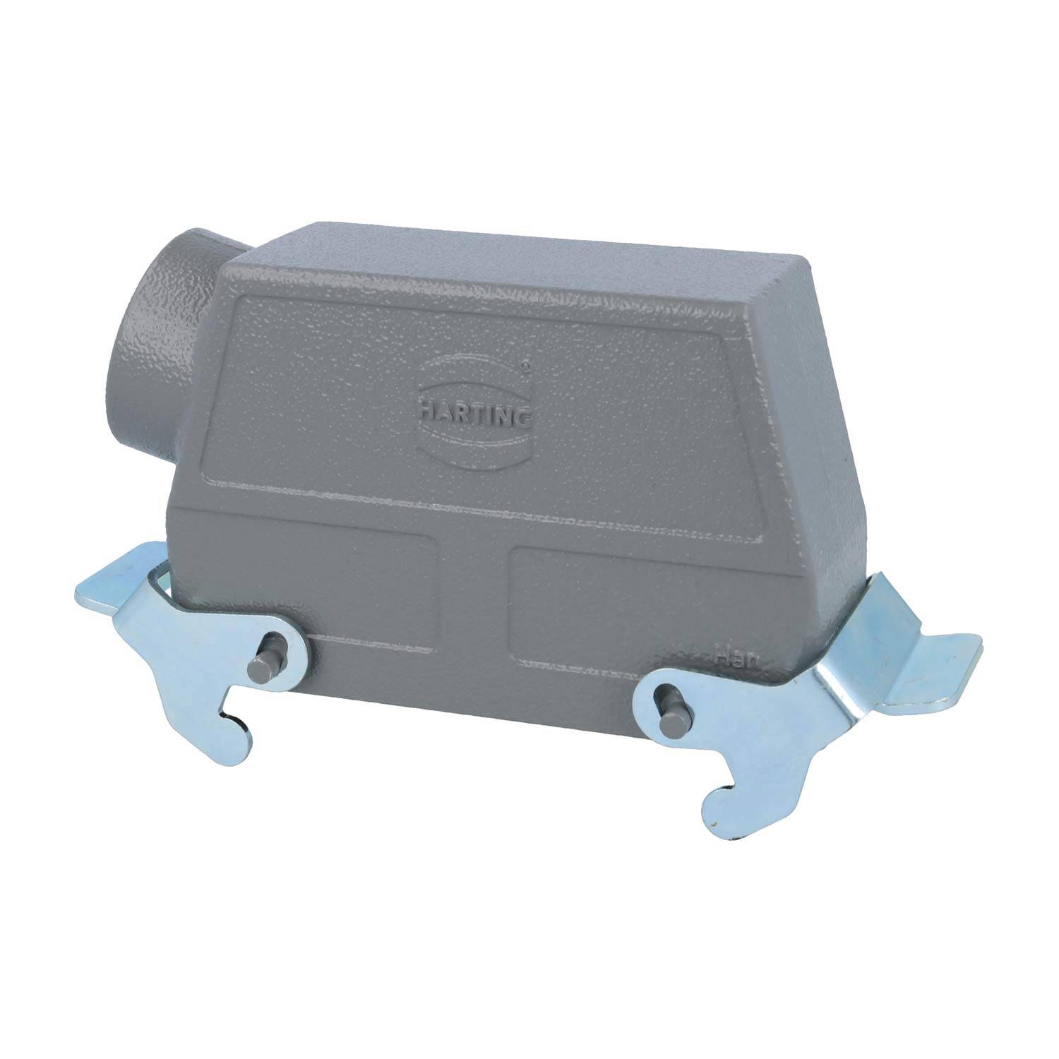 Ein grau-metallfarbenes rechteckiges Anschlussgehäuse mit dem Logo des Unternehmens, das zwei blaue Befestigungsclips auf beiden Seiten aufweist.