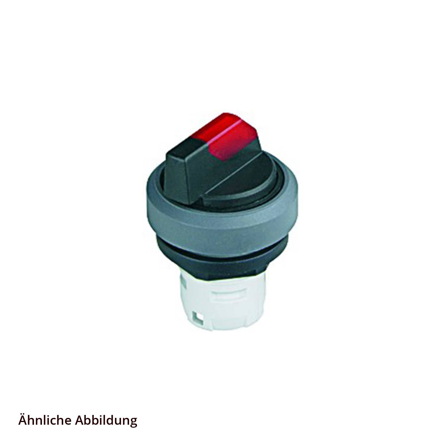 Drehschalter mit roter Anzeige, umgeben von einem grauen Zierring und weißer Basis.