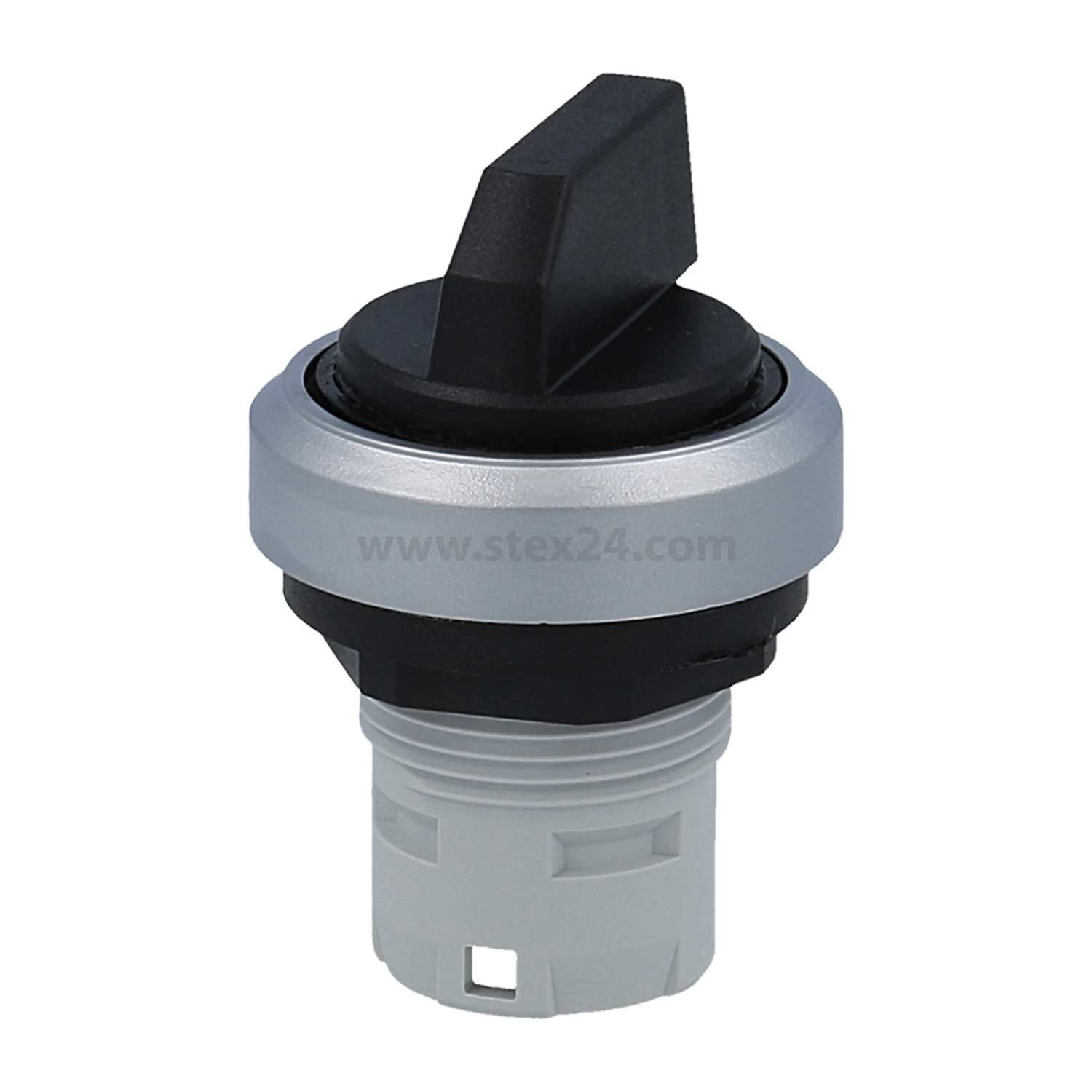 Schwarzer und silberner Drehschalter mit dreieckigem Griff, geeignet für Industriemaschinen, montiert auf einer weißen Basis.