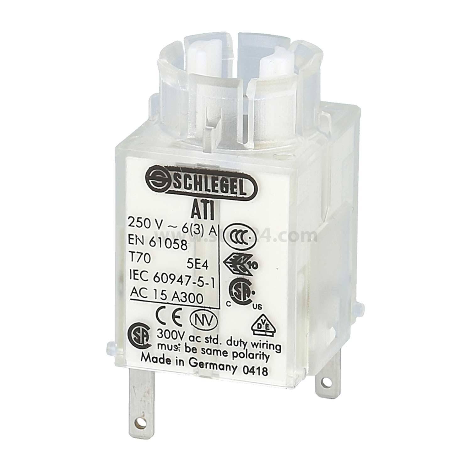 Ein weißes elektrisches Relais mit Produktdetails, einschließlich 'Schlegel ATT', Spannung '250V' und Normen 'EN 61058'. Hergestellt in Deutschland.