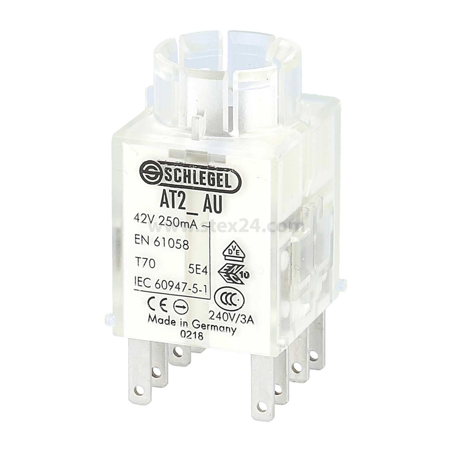 Ein transparenter Relaisbaustein mit der Bezeichnung Schlegel AT2_AU, 42V, 250mA, mit verschiedenen Zertifizierungszeichen für elektrische Verwendung.