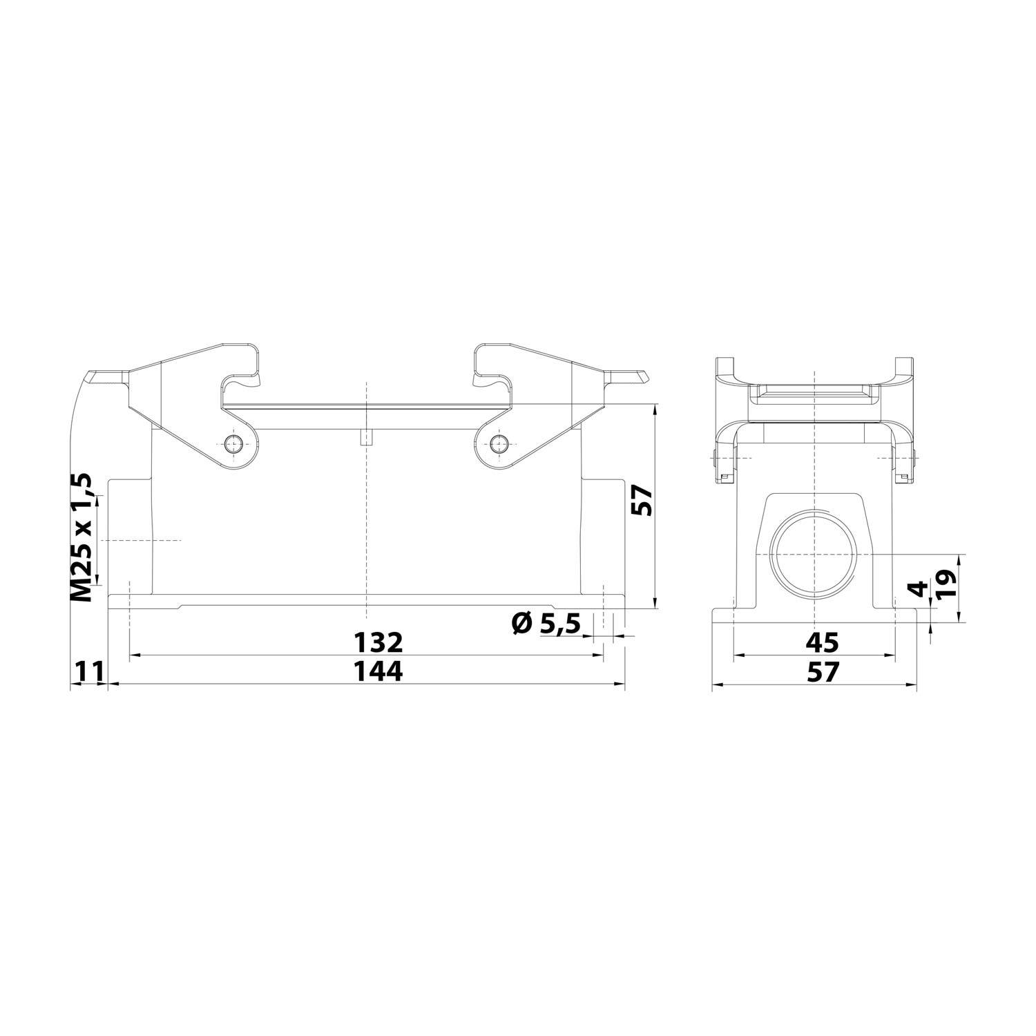 Technische Zeichnung einer mechanischen Komponente mit angegebenen Maßen: Länge 144 mm, Durchmesser 5,5 mm, verschiedene Höhen und Breiten.
