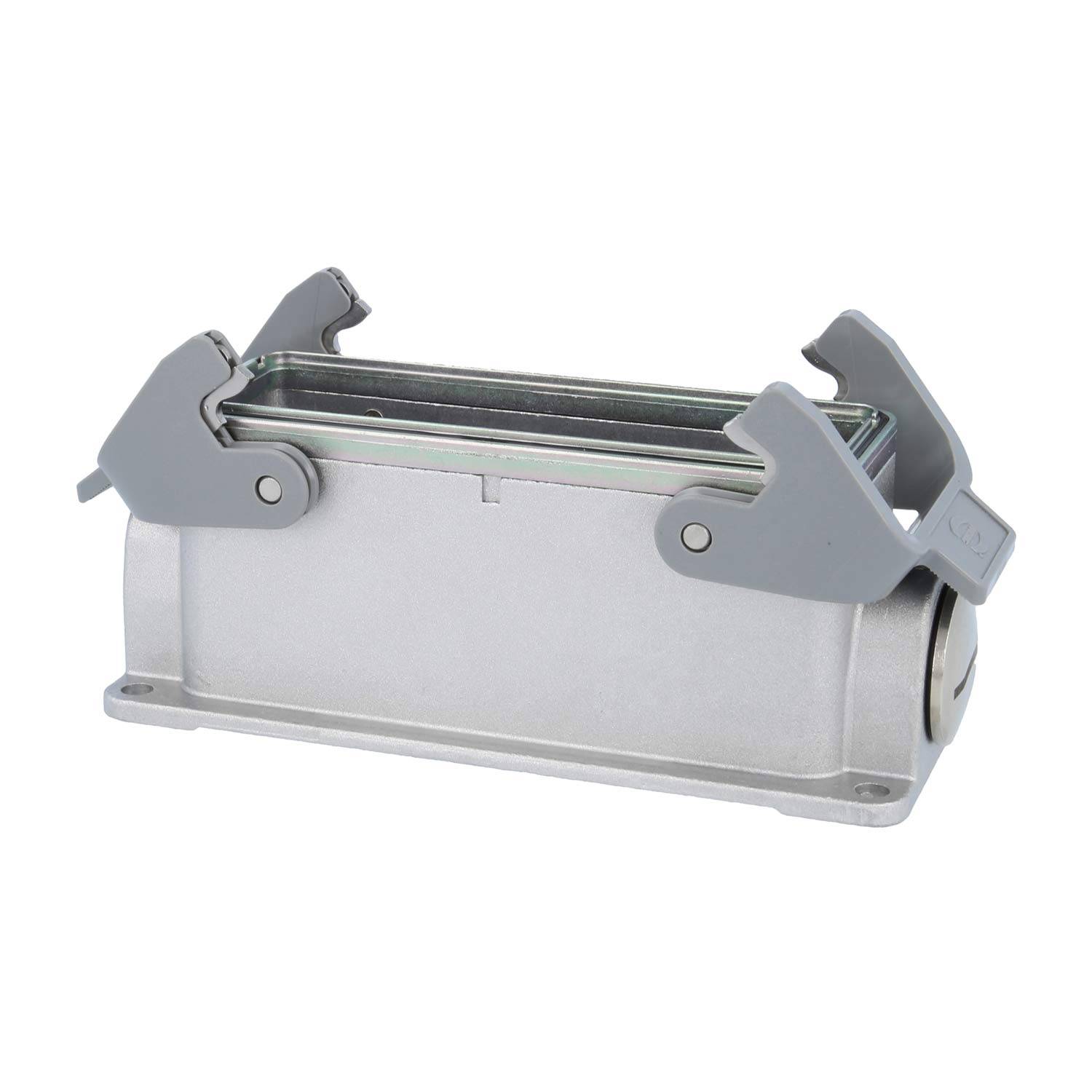 Rechteckiger metallischer Industrieanschluss mit grauen Verriegelungen, verwendet für sichere elektrische Verbindungen in industriellen Anwendungen.