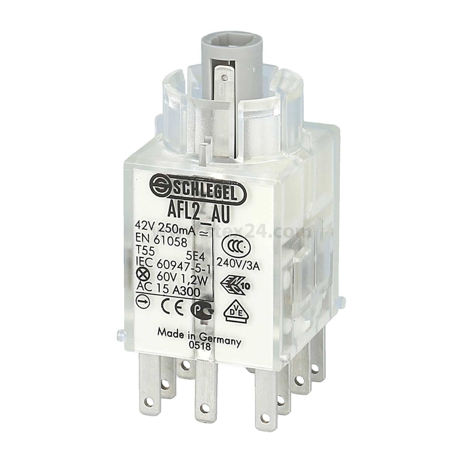 Eine transparente elektrische Komponente mit mehreren Anschlüssen, beschriftet mit '42V 250mA' und 'Made in Germany'.