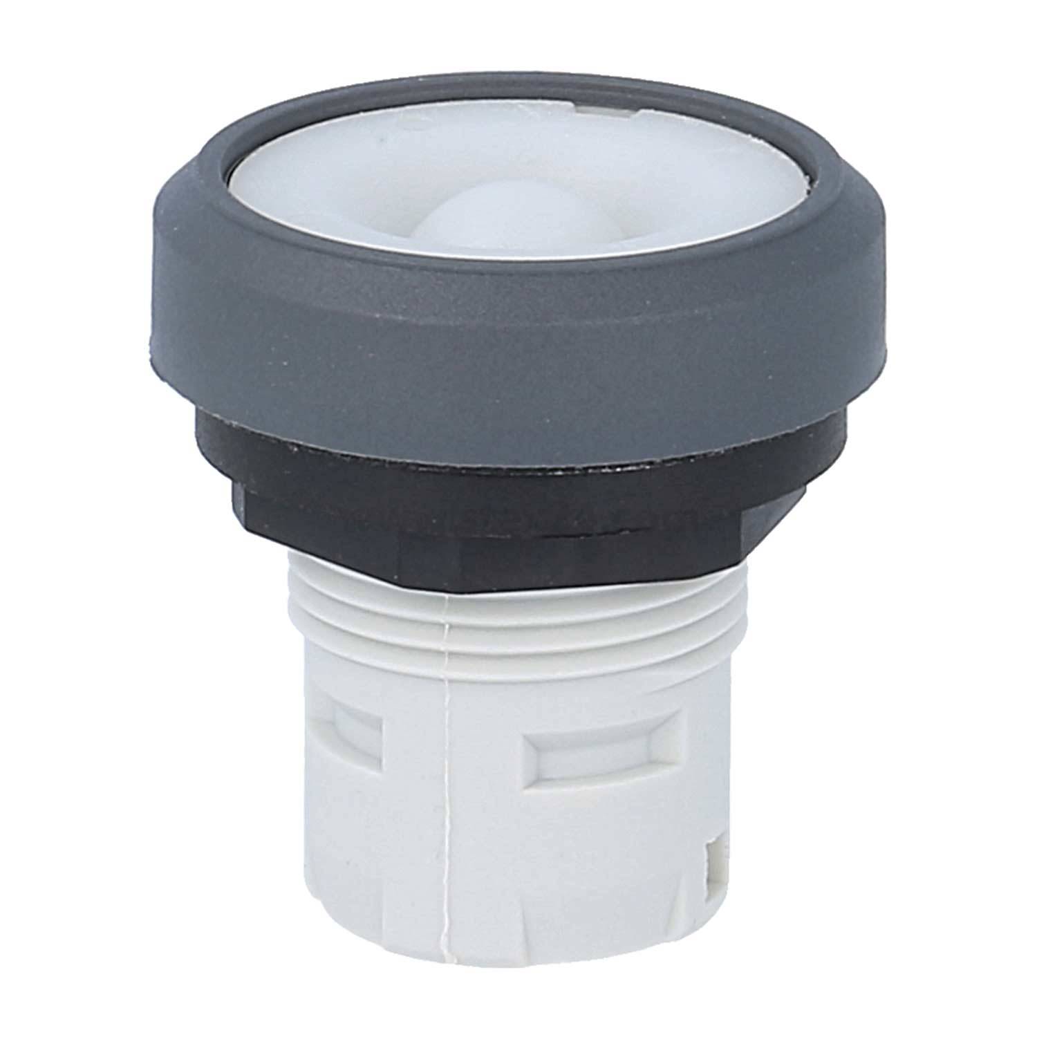 Ein weißer und grauer Druckknopf mit einer runden Kappe und zylindrischen Basis, der üblicherweise in elektronischer Hardware zum Aktivieren von Geräten verwendet wird.