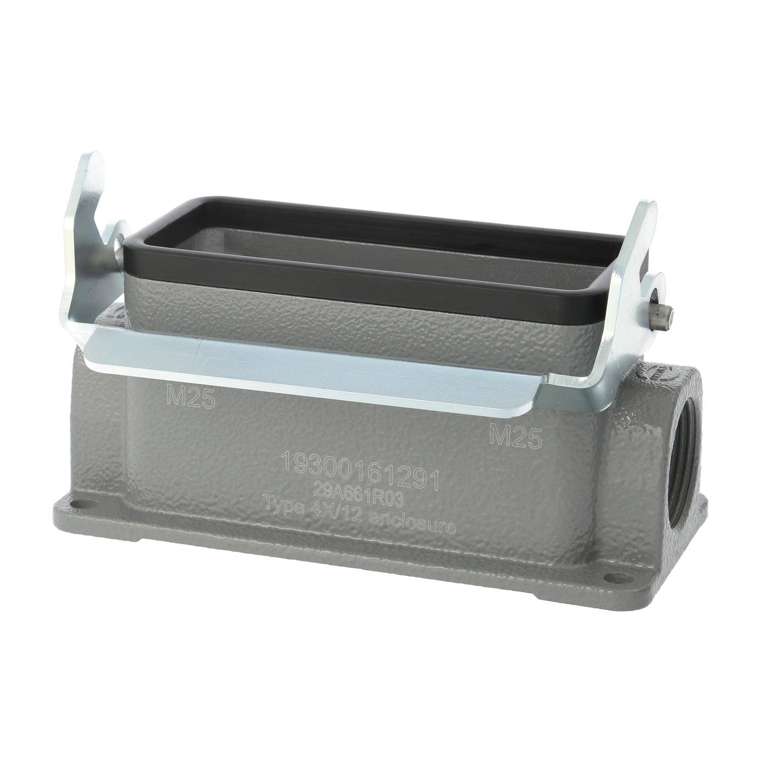 04300161291 HARTING Han 16B Sockelgehäuse niedrig, 2xM25 seitlicher Kabelabgang, mit 1 Längsbügel Verschraubung M25