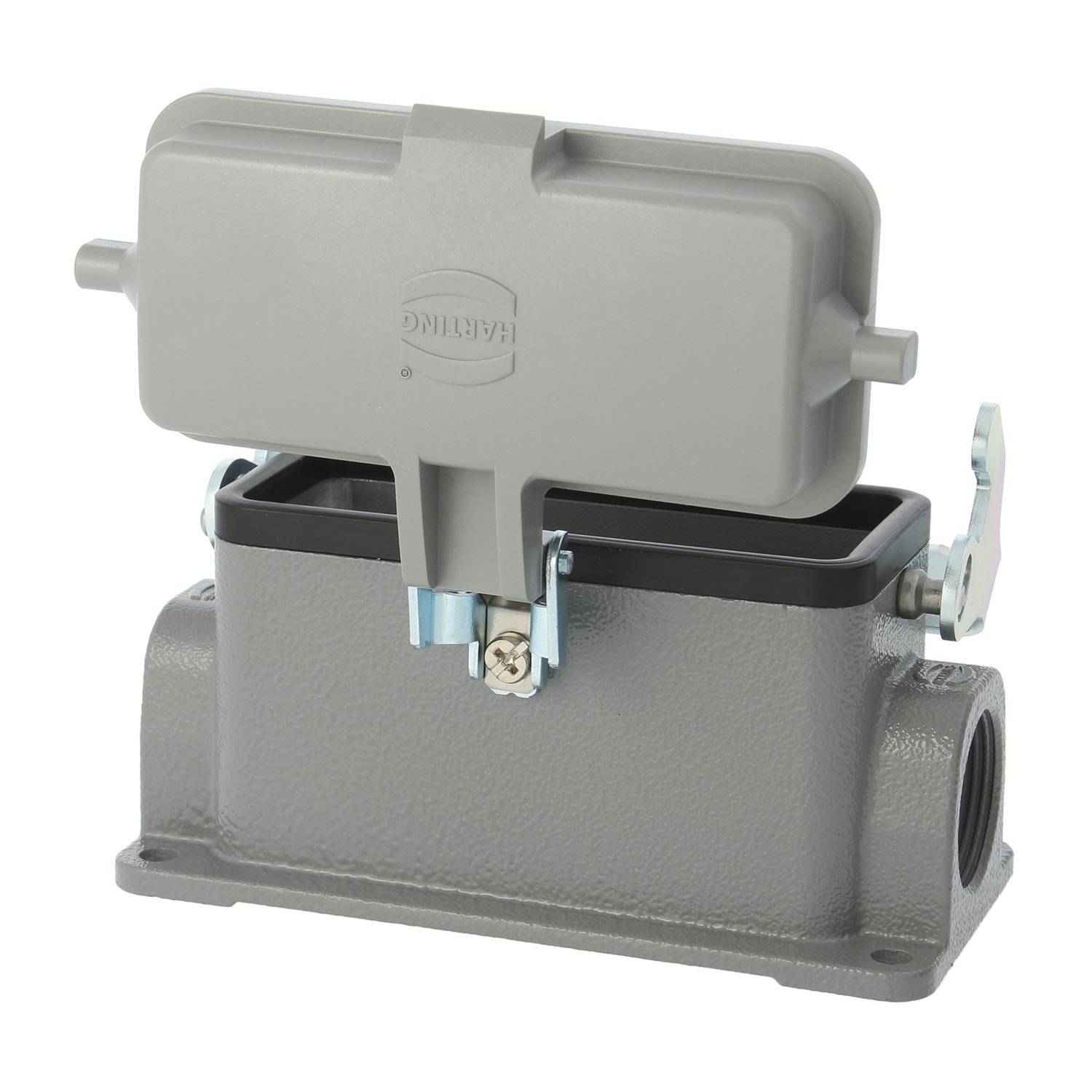 04300161296 HARTING Han 16B Sockelgehäuse niedrig, 2xM25 seitlicher Kabelabgang, mit 1 Längsbügel mit Schutzkappe