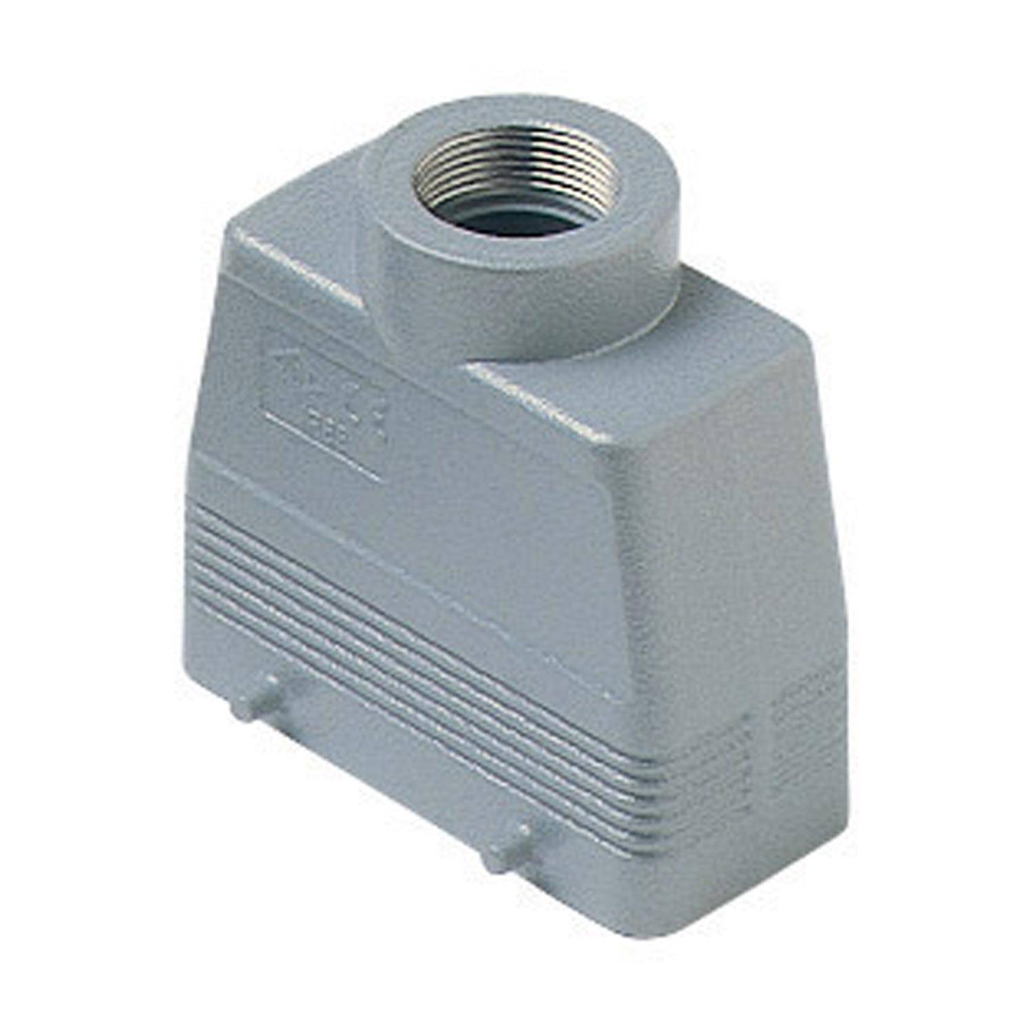 Ein grauer, rechteckiger industrieller Verbindungsgehäuse mit einer Gewindebohrung an der Oberkante für Kabeleinführung, verwendet in elektrischen Verdrahtungsanlagen.