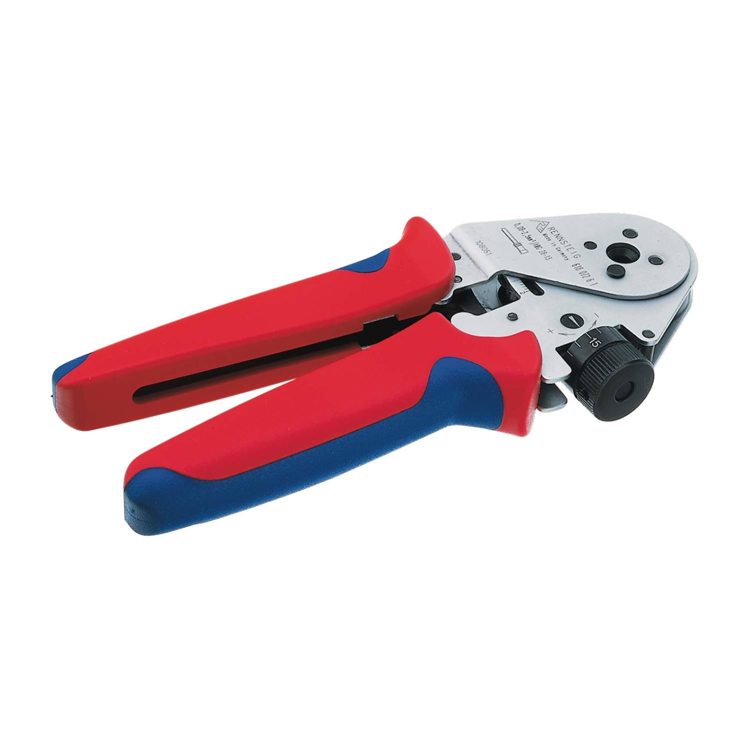 Rot und blau isolierte Kabelcrimpzange mit Metallbacken, verwendet zum sicheren Verbinden von elektrischen Leitungen.