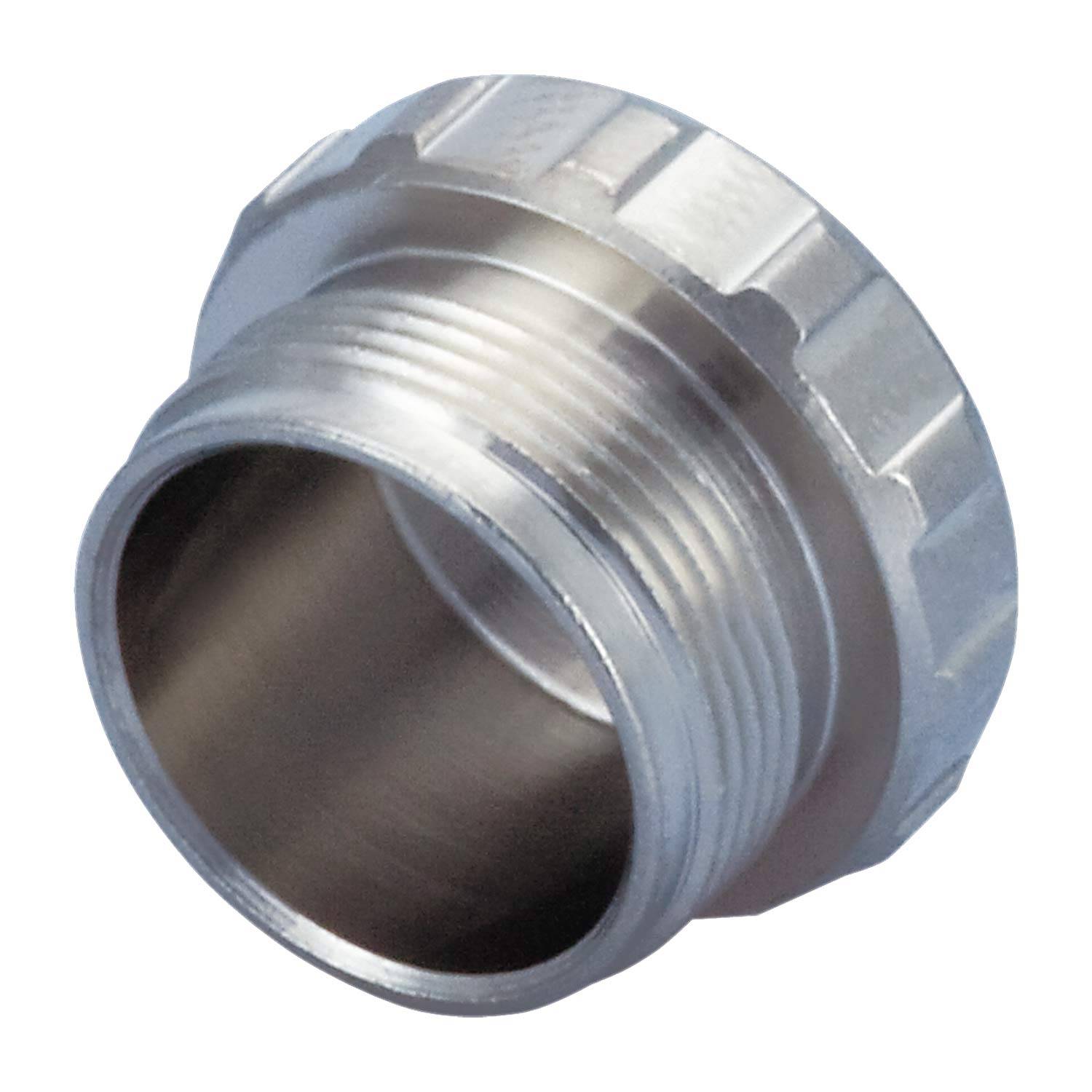 Eine Metallverschlusskappe mit gerilltem Rand, die entwickelt wurde, um auf ein zylindrisches Objekt aufgesetzt zu werden, um es zu versiegeln oder zu schützen.