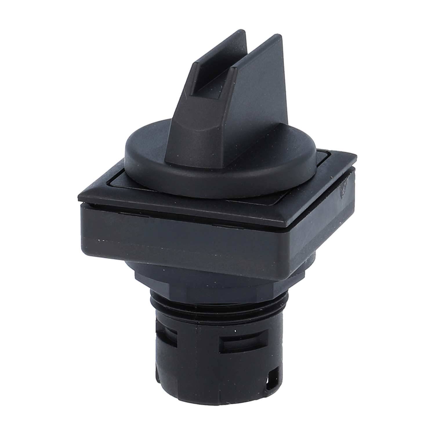 Ein schwarzer, quadratisch geformter Kippschalter mit einem hervorstehenden Hebel, geeignet für elektronische oder mechanische Geräte.