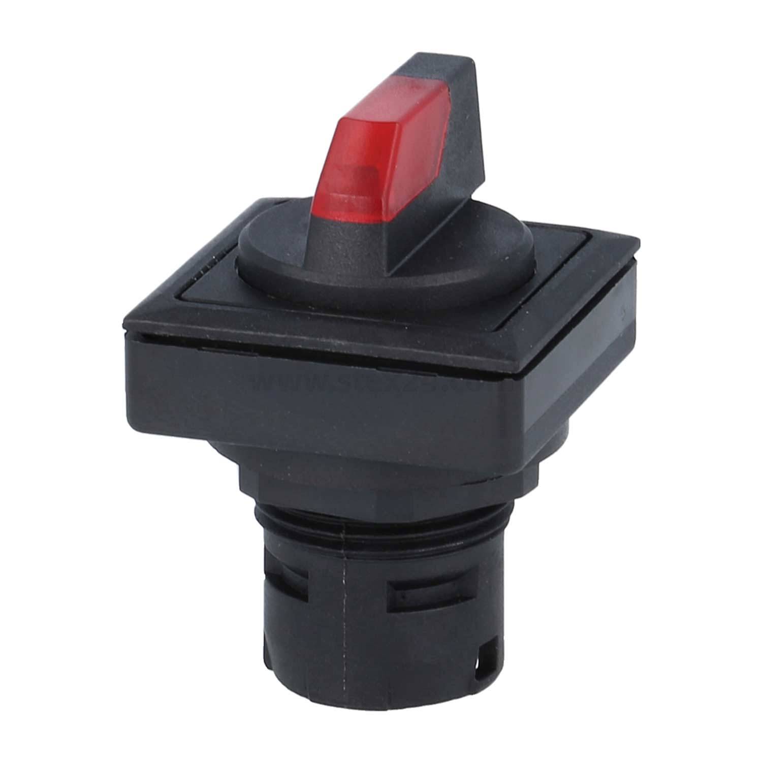 „Ein schwarzer und roter industrieller Kippschalter, hauptsächlich für den Maschinenbetrieb verwendet, der in der Ausschaltposition vor einem einfarbigen Hintergrund gezeigt wird.