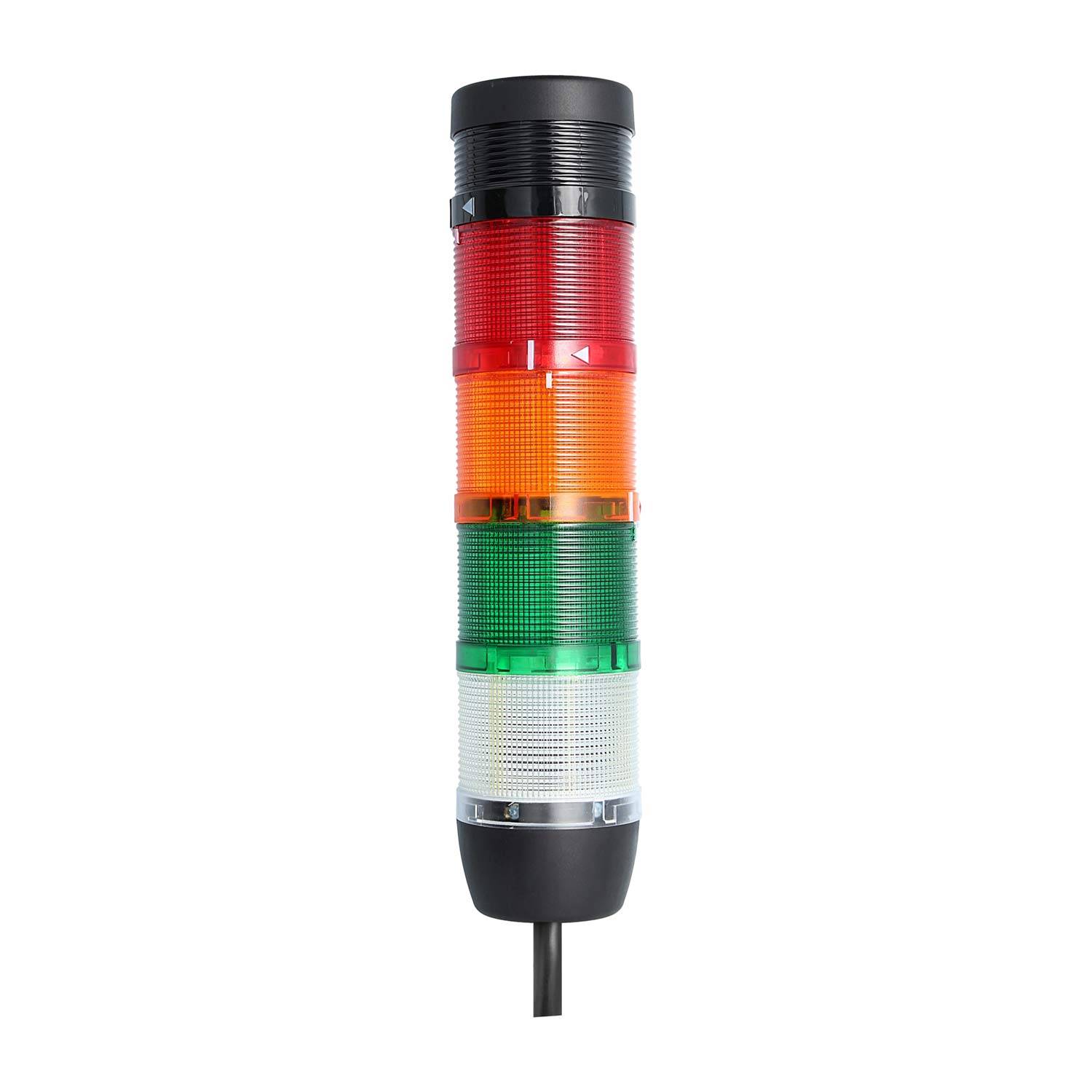Ein vertikaler Stapel von roten, orangen, grünen und weißen Leuchten, der einem industriellen Signalturm ähnelt und möglicherweise Status oder Warnungen anzeigt.
