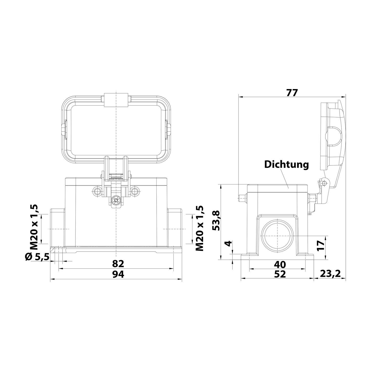 Technische Zeichnung einer mechanischen Komponente mit Maßen: 82 mm Breite, 52 mm Tiefe, 77 mm Höhe, Rohrdurchmesser 5,5 mm, beschriftet mit 'Dichtung'.