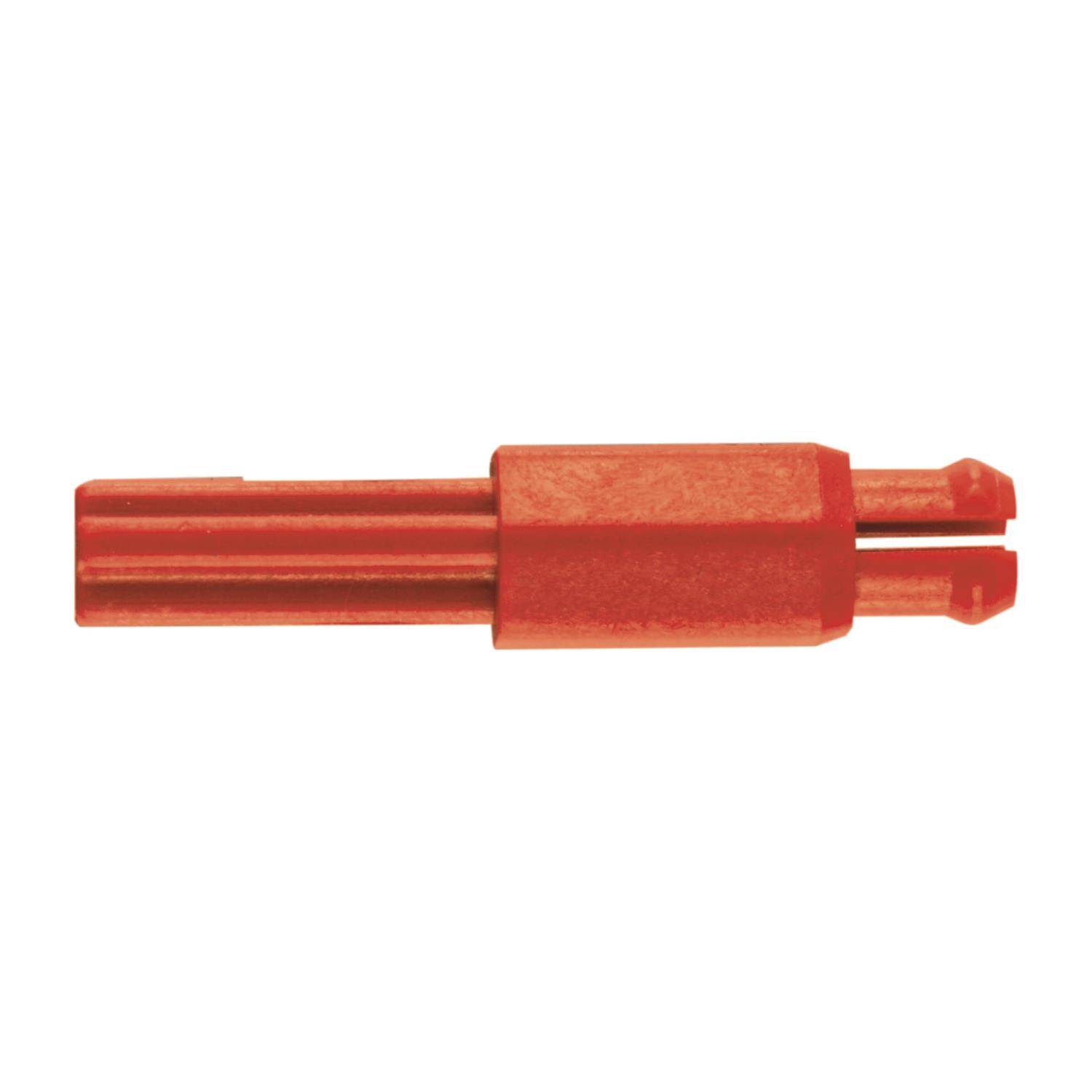 Roter Kunststoff-Stecker oder Verbinder mit einem rechteckigen Körper und zwei länglichen Stiften, die von einem Ende abstehen.