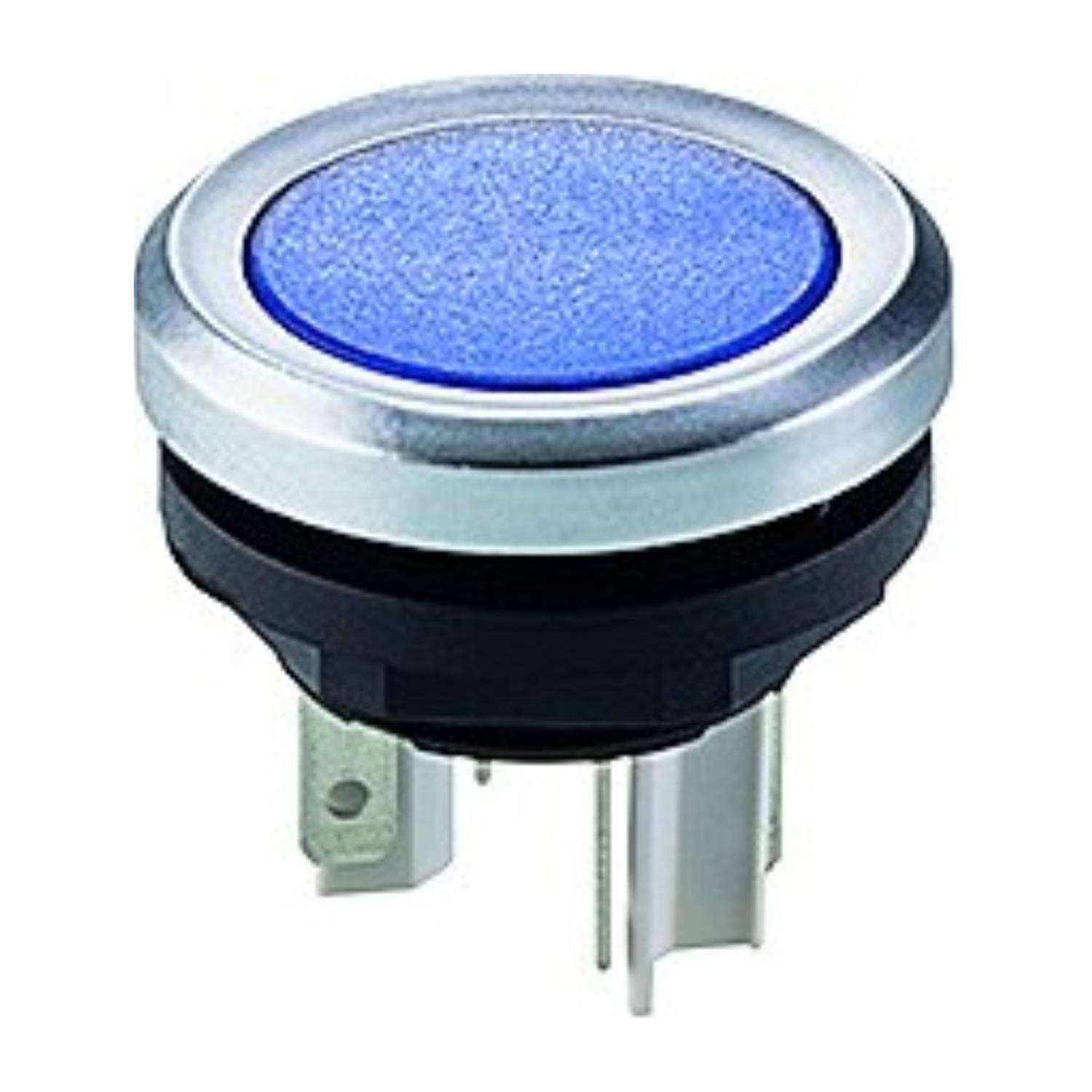 Ein blauer, kreisförmiger Drucktaster mit einem metallischen Blendring und zwei elektrischen Anschlüssen, konzipiert für Kontrollpanels oder elektronische Geräte.