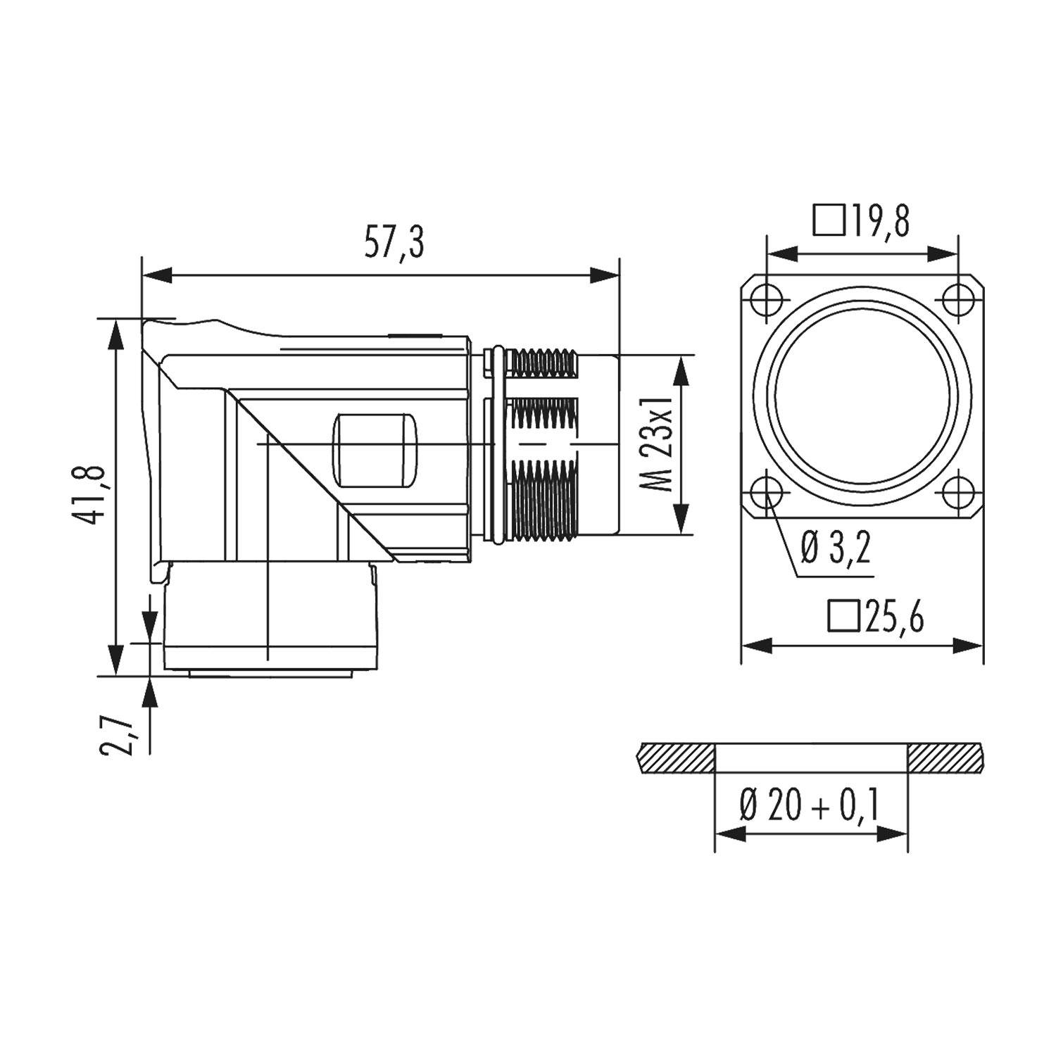 Technische Zeichnung eines zylindrischen Verbinders mit Abmessungen: Länge 57,3 mm, Breite 19,8 mm, Höhe 41,8 mm. Ausgestattet mit einer 3,2 mm Buchse und M23x1 Gewinde.