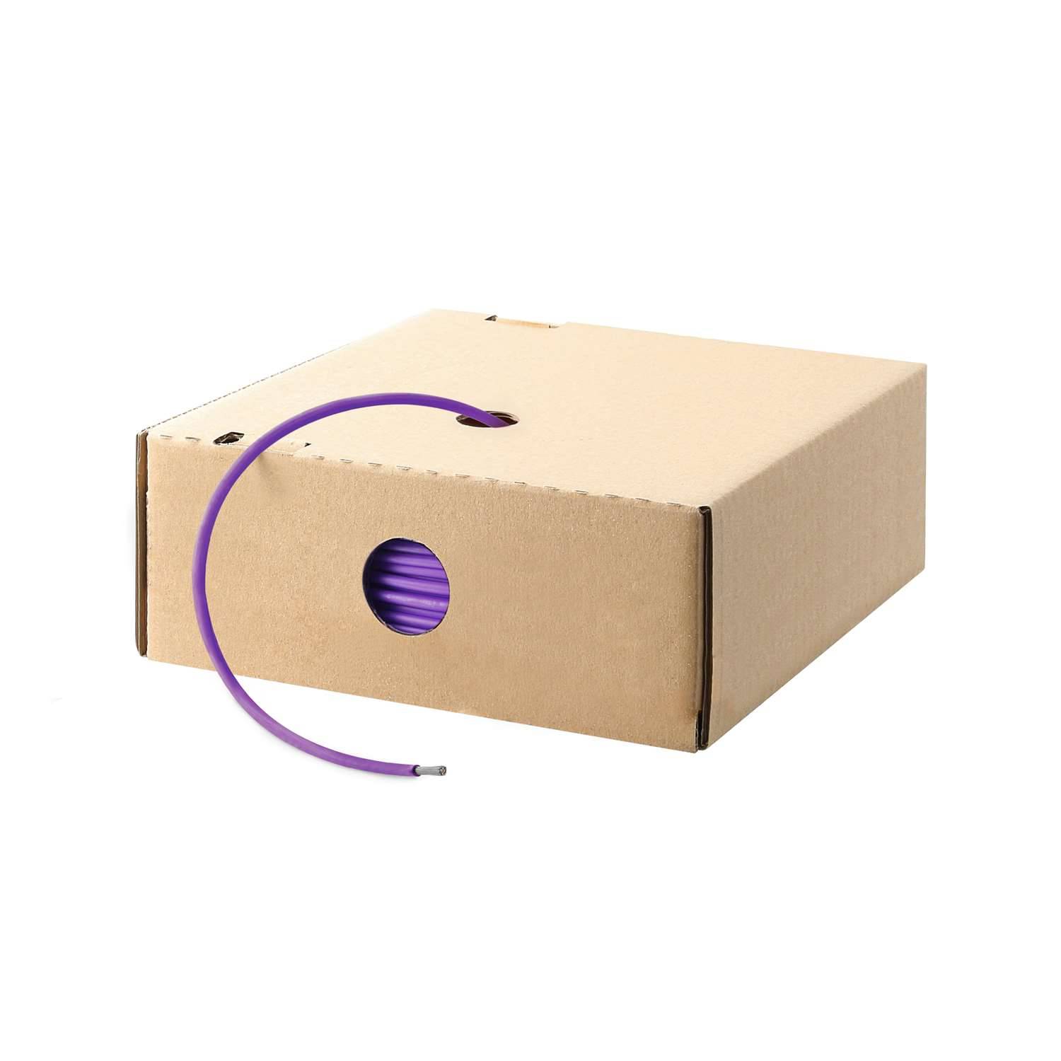 Eine Pappschachtel mit einem aufgewickelten violetten Kabel, das teilweise durch ein Loch herausgezogen ist, wahrscheinlich zur organisierten Lagerung oder zum Ausgeben.