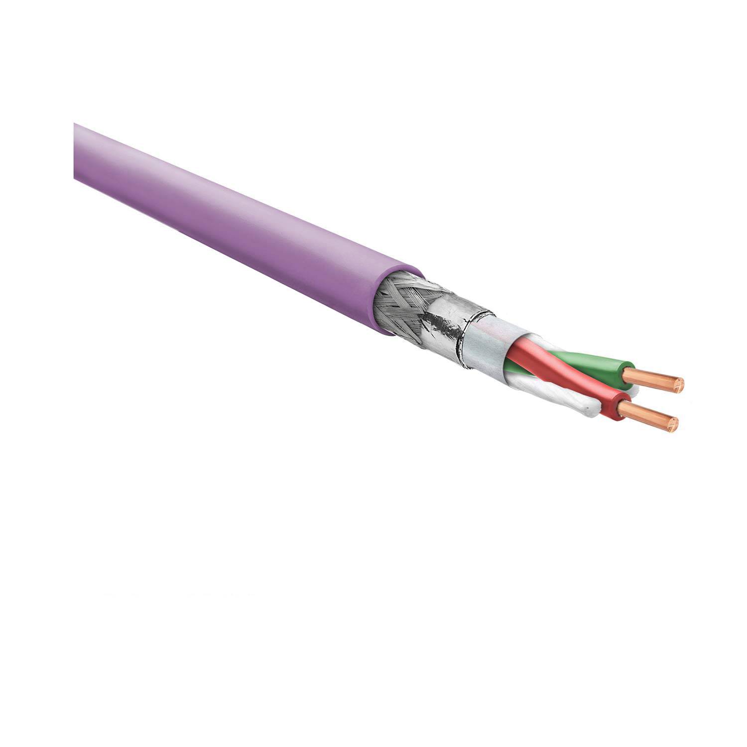 Violettes elektrisches Kabel mit mehreren farbigen Drähten, die am Ende freigelegt sind.