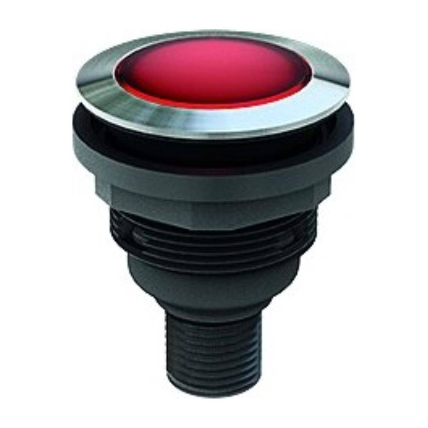 Ein Nahaufnahme eines roten Not-Aus-Schalters mit silbernem Rand, der in Maschinen zur Sicherheit eingesetzt wird.