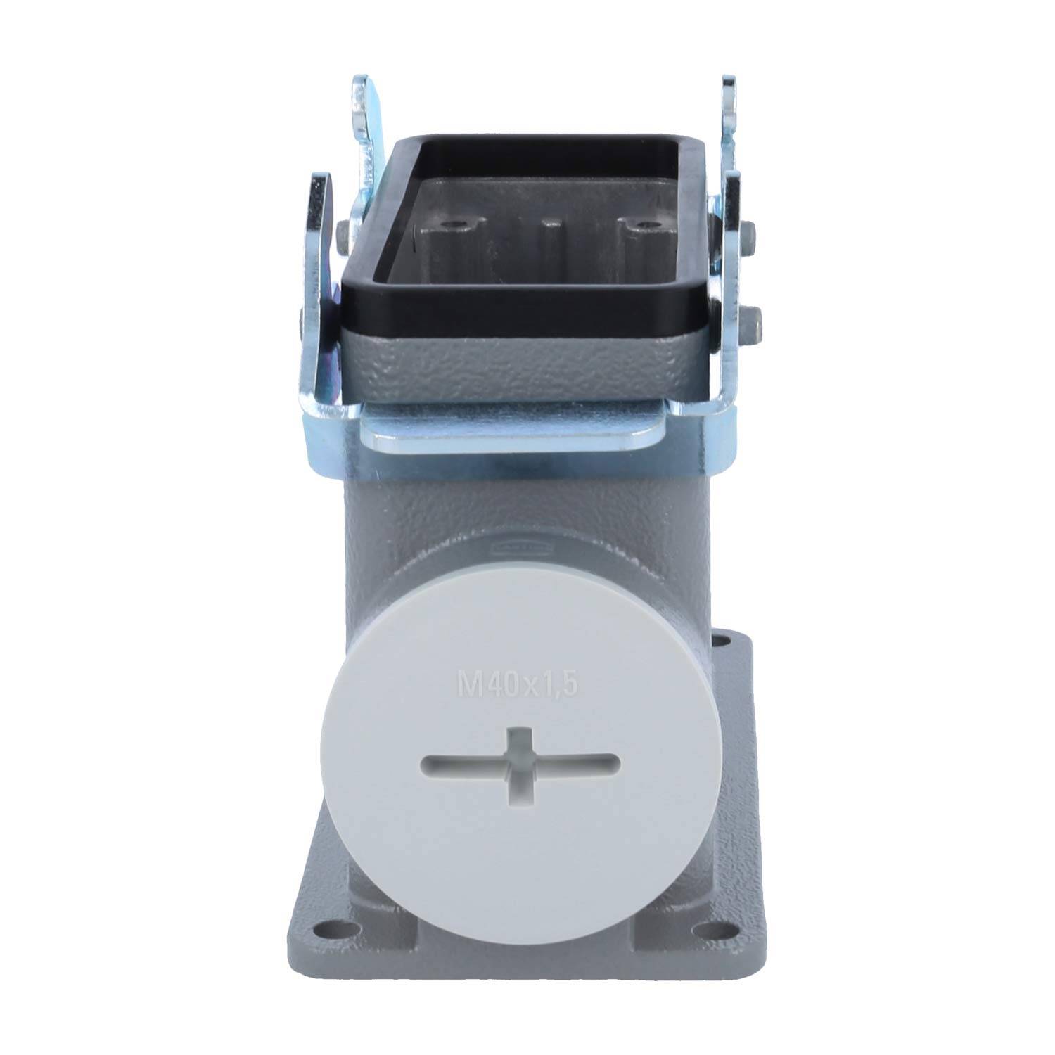 Eine Metallkomponente für die Industrie, von vorne betrachtet, die ein rechteckiges Gehäuse mit einer kreisförmigen Basis und angeschweißten Befestigungswinkeln zeigt.