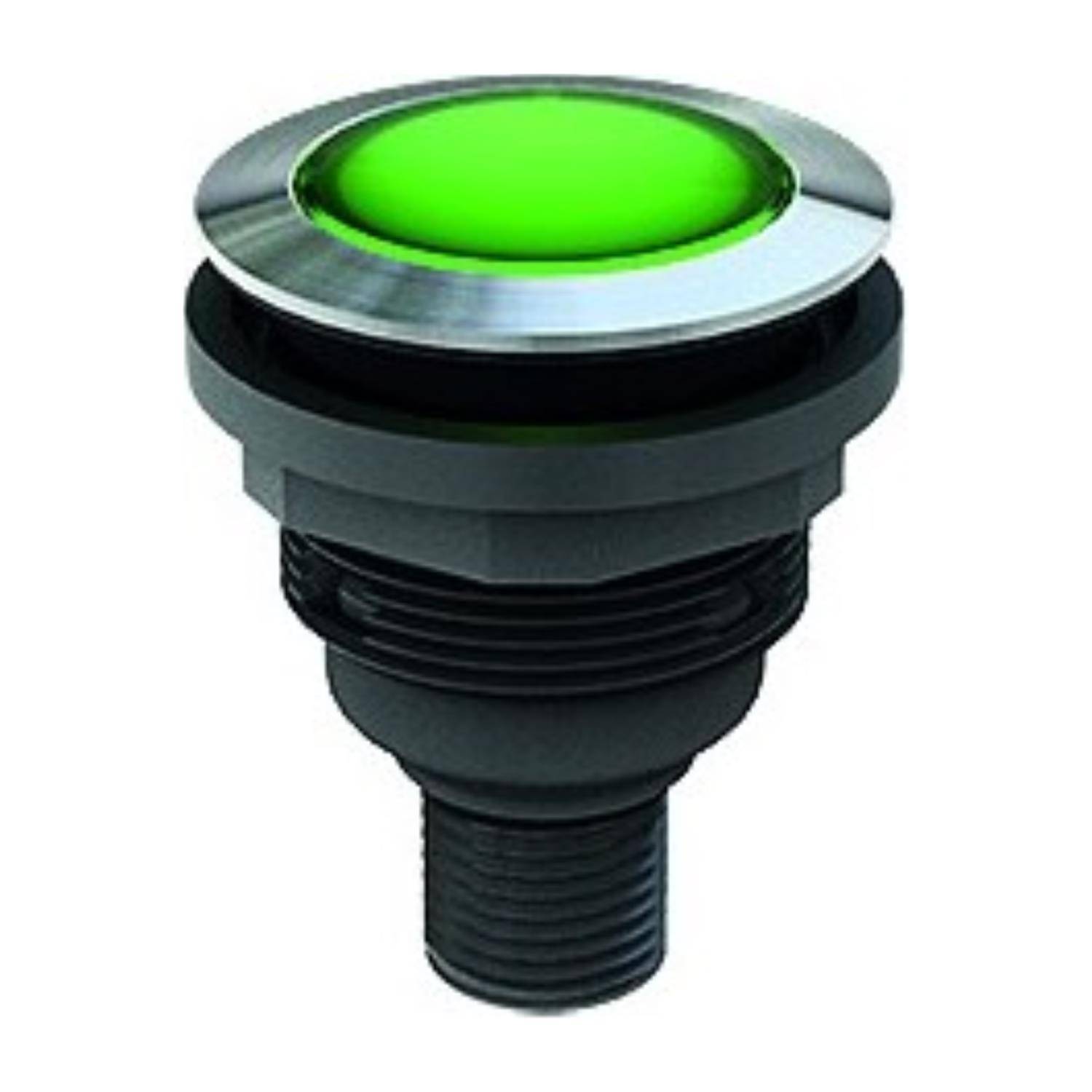 Ein runder, grüner, beleuchteter Druckknopf mit metallischem Rand und schwarzer Gewindebasis, der häufig in industriellen Kontrollpanels verwendet wird.