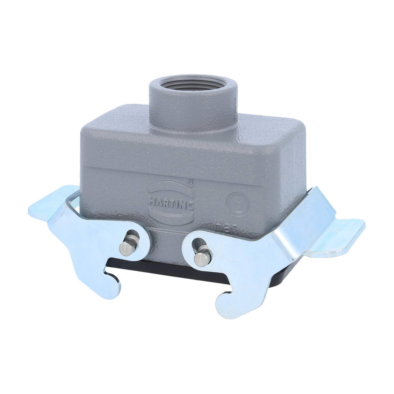 Gehäuse des Harting-Steckverbinders mit Metallfixierungen, grauer Farbe, rechteckiger Form, für industrielle Kabelverbindungen.