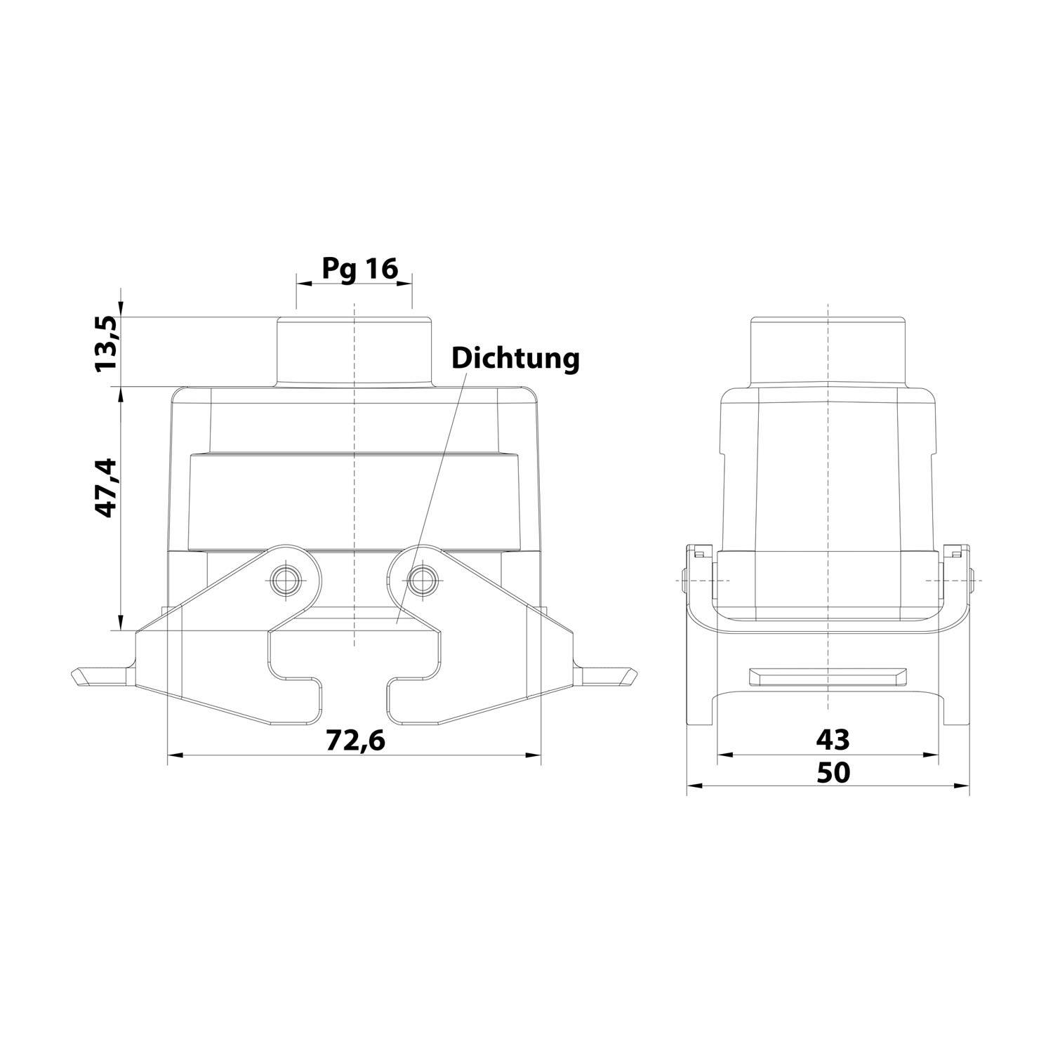 Technische Zeichnung eines elektrischen Anschlusses mit Maßen: Höhe 47,4 mm, Breite 72,6 mm, Tiefe 43 mm. Bezeichnung: Dichtung.
