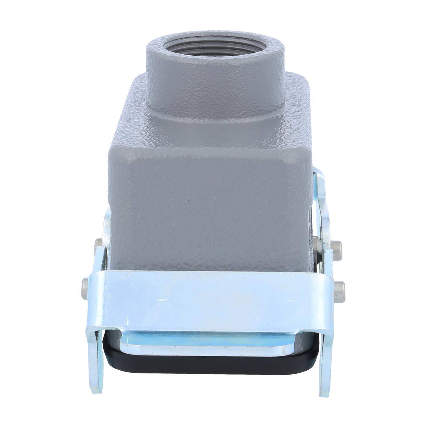 Ein rechteckiges graues industrielles Steckergehäuse mit einer gewindeten Öffnung an der Oberseite und einem silbernen Verriegelungsclip an der Basis, verwendet in elektrischen Installationen.