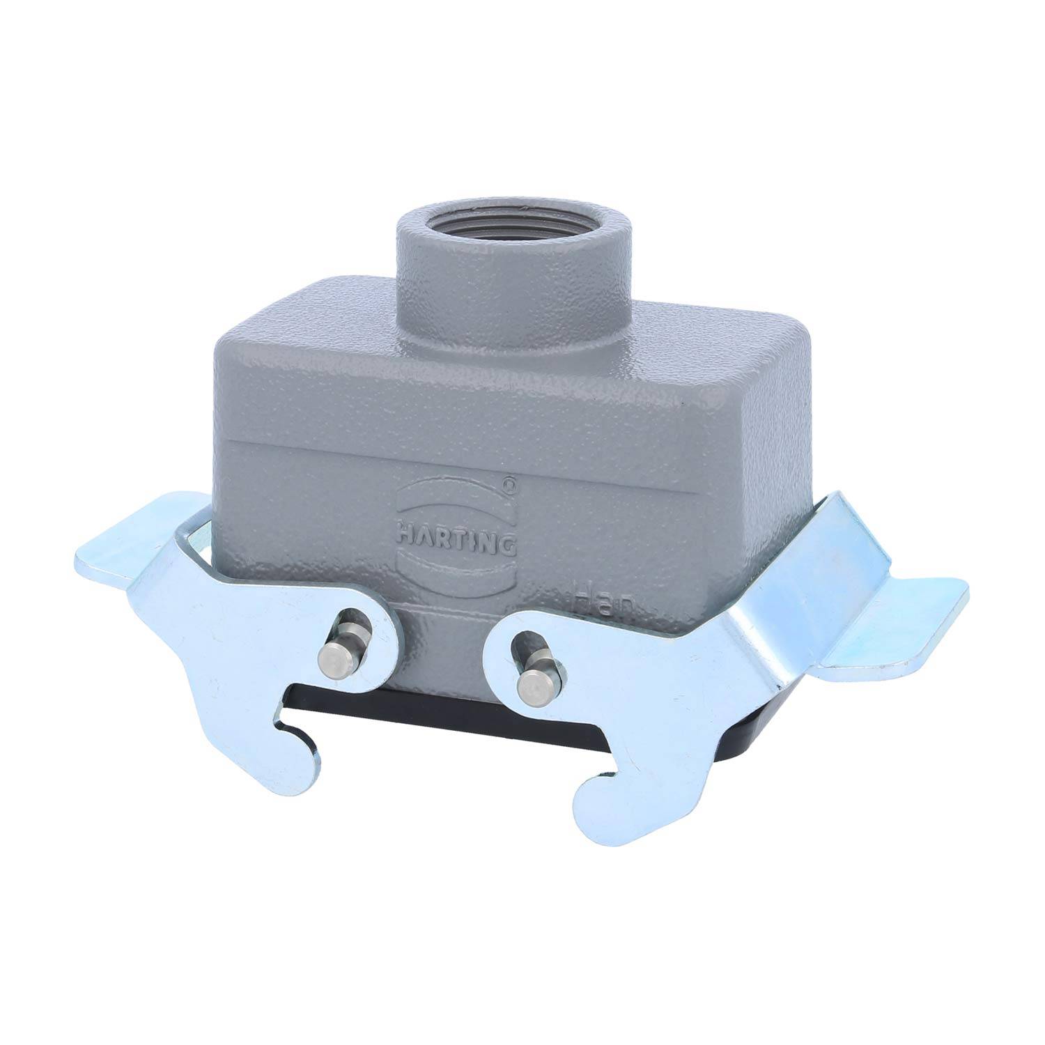 Ein grau-industrielles Anschlussgehäuse mit Metallverriegelungen, das für sichere Kabelverbindungen verwendet wird. Entwickelt für robuste elektrische Anwendungen.