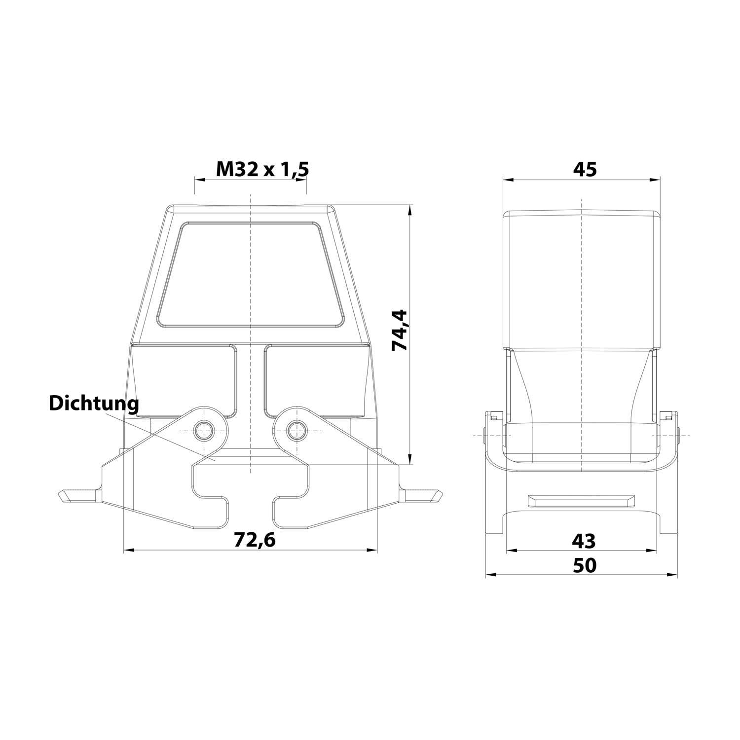 Diagramm eines Querschnitts, der eine Dichtung mit beschrifteten Abmessungen zeigt: 74,4 hoch, 72,6 breit, 45 und 32 mit 'M32 x 1,5' oben.